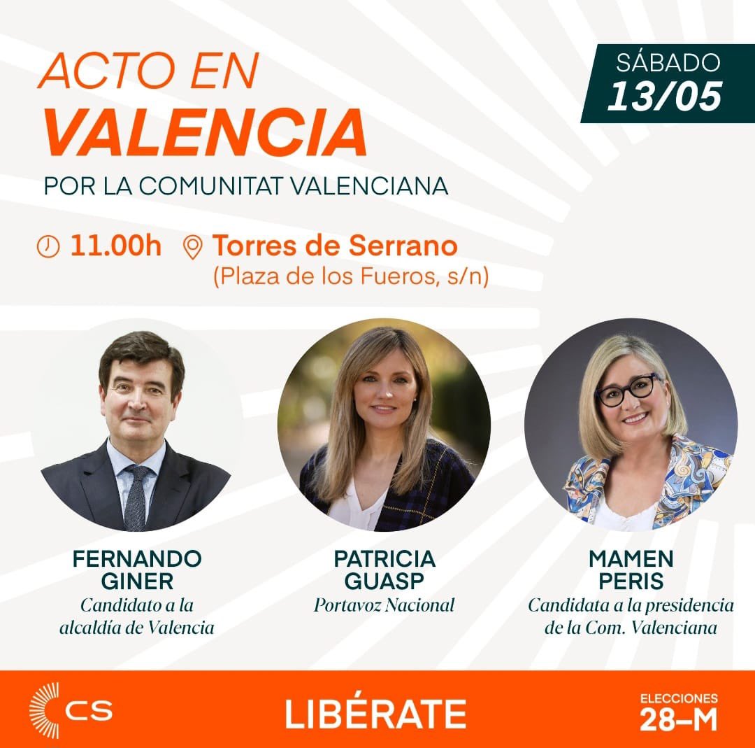 🟠Este sábado celebramos en Valencia un GRAN ACTO!!

Nos acompañarán:
👉 <a href="/mamen_peris/">Mamen Peris Navarro</a> 
👉 <a href="/Fginer/">Fernando Giner 🇪🇸</a> 
👉<a href="/PatriciaGuaspB/">Patricia Guasp</a> 

📆 Sábado 13 de Mayo
⏰ A partir de las 11h
📍Torres de Serrano (Plaza de los Fueros)

#Libérate #PorLosTuyos