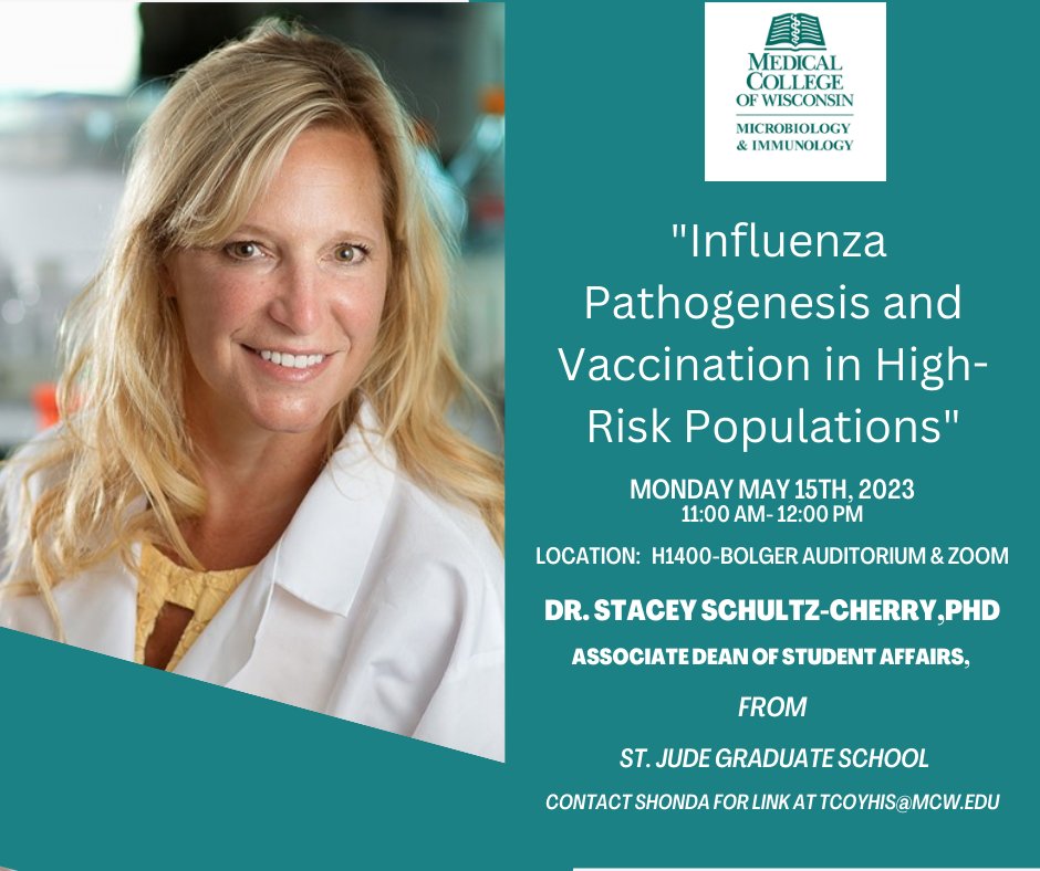 M&amp;I is proud to host Stacey Schultz-Cherry, PhD <a href="/SSCLabQuips/">Stacey Schultz-Cherry</a> for the annual Grossberg Lectureship today at 11 in the Bolger Auditorium. Dr. Schultz-Cherry will be presenting "Influenza Pathogenesis and Vaccination in High-Risk Populations".