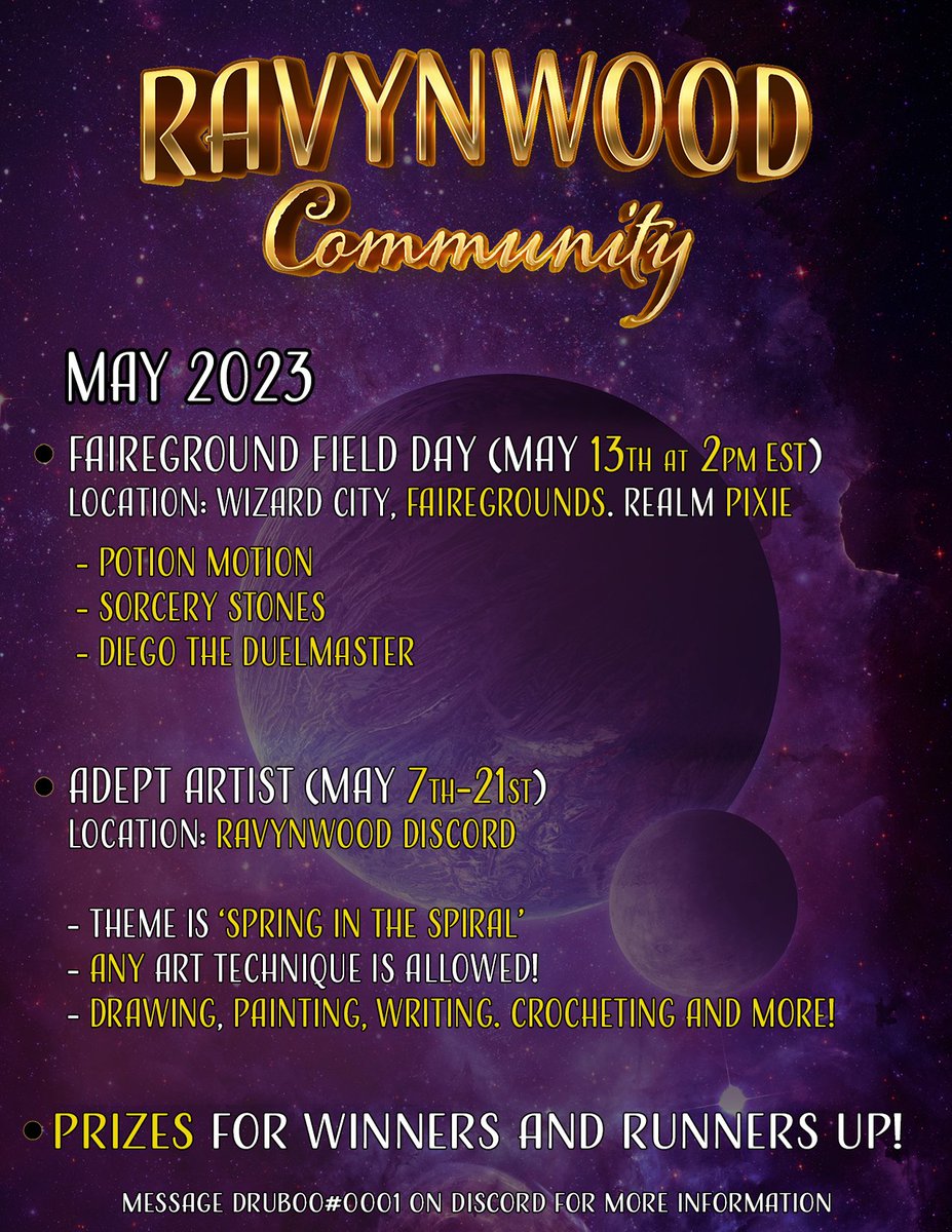 Don't forget to meet us on Discord tomorrow, May 13th at 2pm Eastern for Faireground Field Day!!!
Who will score the highest and take home the prize in Potion Motion, Sorcery Stones, or Diego the Duelmaster? We'll find out when we see you there!