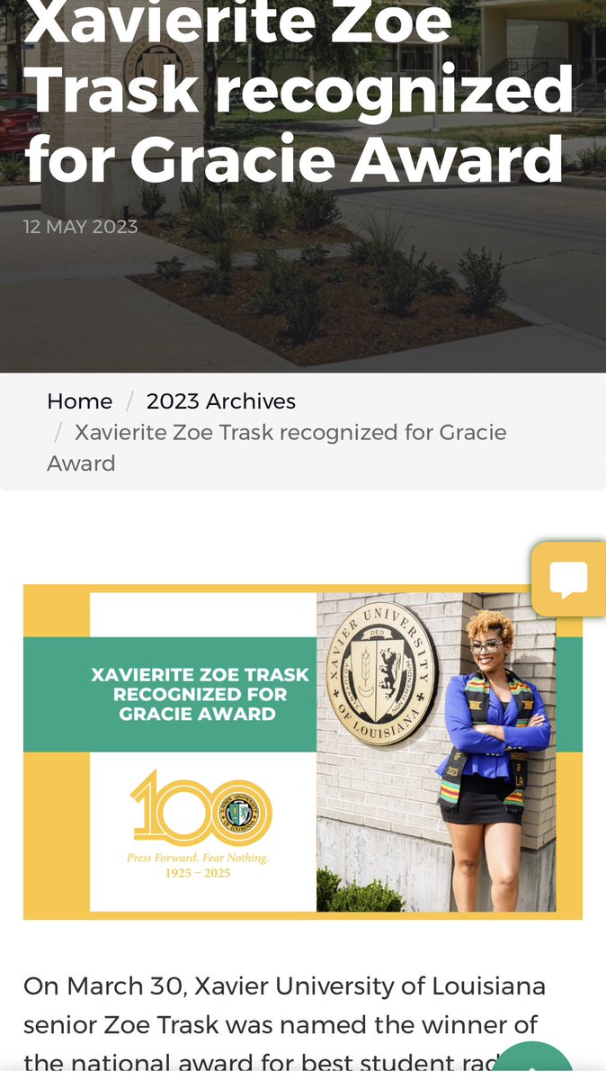 Featured on this week’s @xula1925 homepage #XulaMassComm senior <a href="/zoetrask/">Zoe Trask</a> will receive the award for top student radio broadcast host as a Gracie award winner. She will be honored in NYC in June by <a href="/AllWomeninMedia/">AWM Headquarters</a> and will attend <a href="/USC/">USC</a> <a href="/USCAnnenberg/">USC Annenberg</a> as a graduate student.