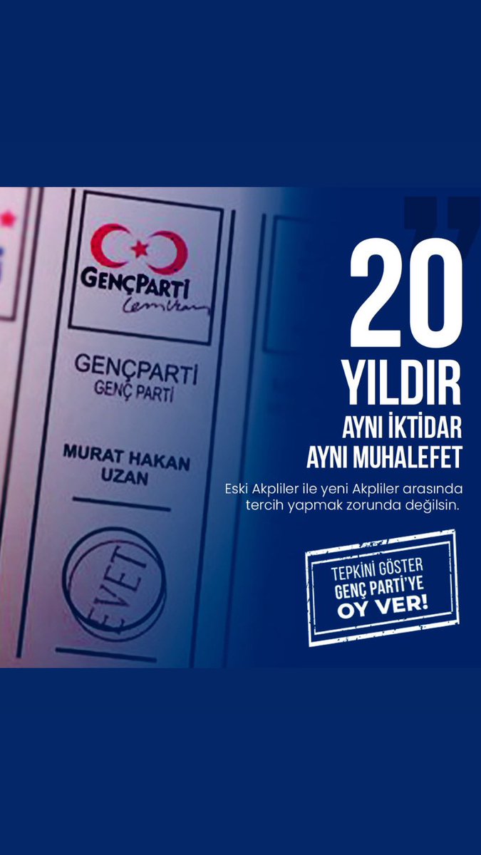 Gerçek muhalefeti Genç Parti yaptı! 20 yıldır aynı iktidar aynı muhalefet. Bu değişecek. Saadet, Deva, Gelecek’ten 70 tane eski Akp’li senin oylarınla meclise gitmesin. İki oy kullanacaksın. Mecliste Genç Parti’ye ver! 🇹🇷

<a href="/CemCUzan/">Cem Uzan</a>