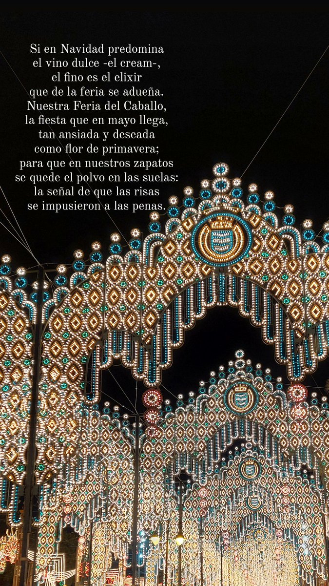 "... para que en nuestros zapatos
se quede el polvo en las suelas:
la señal de que las risas
se impusieron a las penas"

¡Viva Jerez y su Feria! 🐴🍷