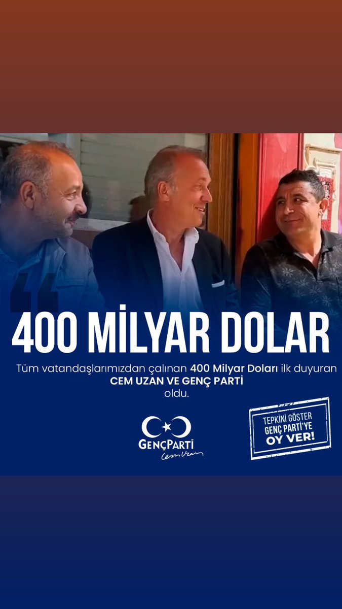 Gerçek muhalefeti Genç Parti yaptı! 20 yıldır aynı iktidar aynı muhalefet. Bu değişecek. Saadet, Deva, Gelecek’ten 70 tane eski Akp’li senin oylarınla meclise gitmesin. İki oy kullanacaksın. Mecliste Genç Parti’ye ver! 🇹🇷

<a href="/CemCUzan/">Cem Uzan</a>