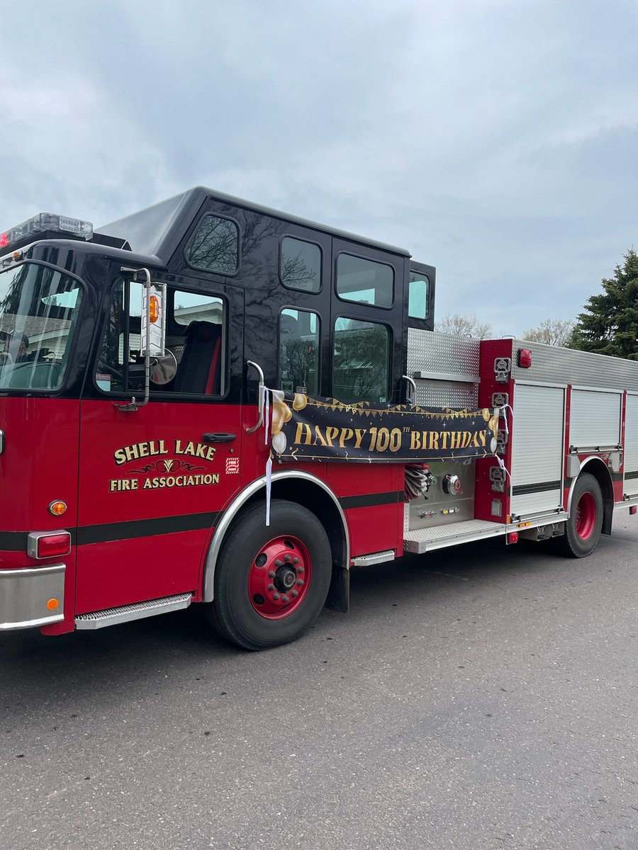 ShellLakeFD's tweet image. This afternoon, Shell Lake Fire responded to Glenview for a surprise parade for one of their residents who turned 100!