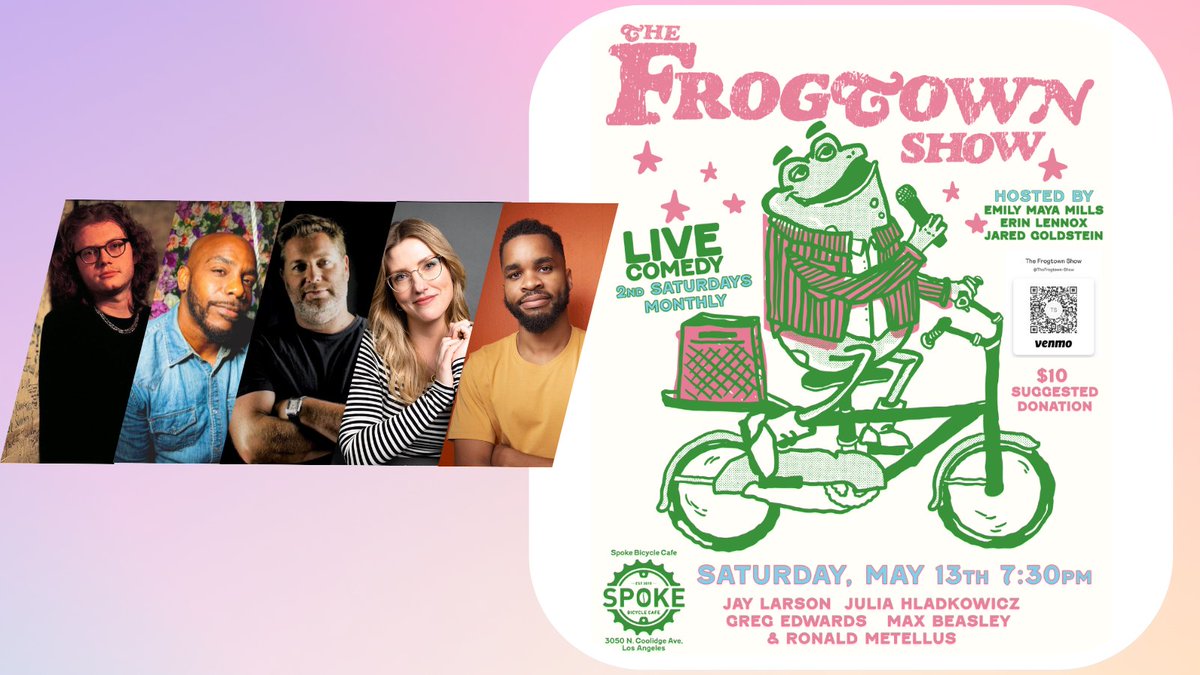 Hey You! We're coming for you this Saturday,  with Jay Larson <a href="/GregtheGrouch/">Greg Edwards</a> @juliacomedy <a href="/maxbeasleyyy/">maxbeasley</a> and <a href="/ronaldmetellus/">ronald</a> plus our hosts <a href="/emilymayamills/">Emily Maya Mills</a> and @ErinDeweyLennox . Get ready to laugh your sweet butts off. See u at <a href="/spoke_lariver/">Spoke Bicycle Cafe</a> !