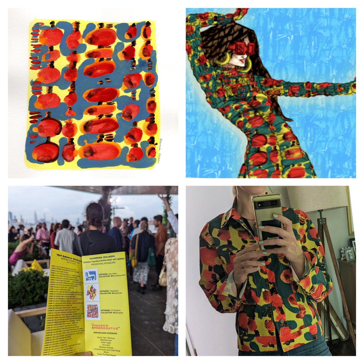 From JPEG to jacket -
<a href="/MarrisaWilsonNY/">Marrisa Wilson</a> continues to innovate at the intersection of fashion and web3. The top left NFT got me into  NYFW and a custom jacket in the same print. For good measure, I made sure to also scoop an illustration in the same pattern from her last drop