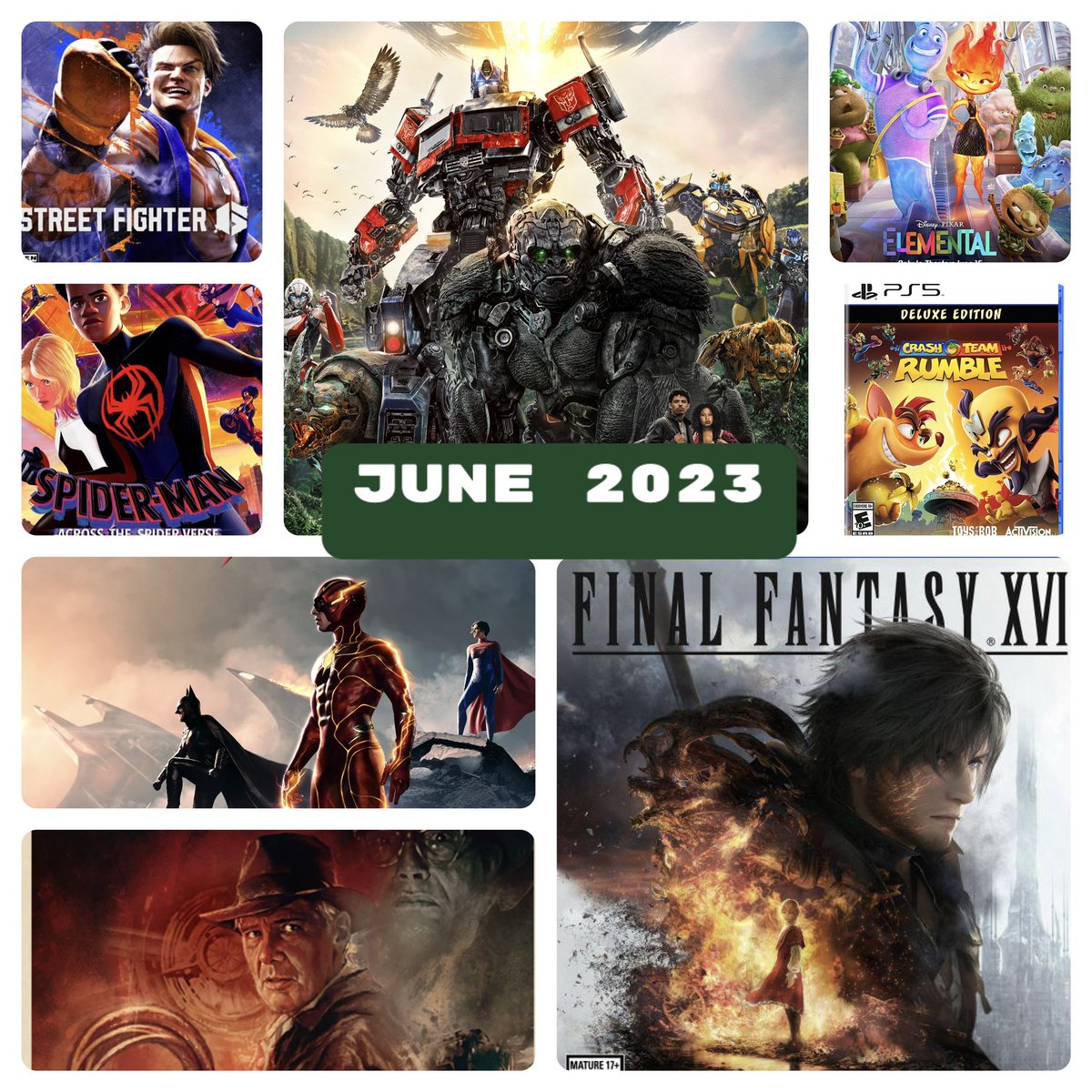 DANDAN4E's tweet photo. CANNOT WAIT FOR BIGGEST MONTH OF 2023 TO FINALLY ARRIVE! #HypeTrain #BigContent #AcrossTheSpiderVerse  #StreetFighter6 #RiseOfTheBeasts  #TheFlashMovie  #Elemental  #FinalFantasyXIV #CrashTeamRumble #Indianajones https://t.co/uaXyA5zy5F