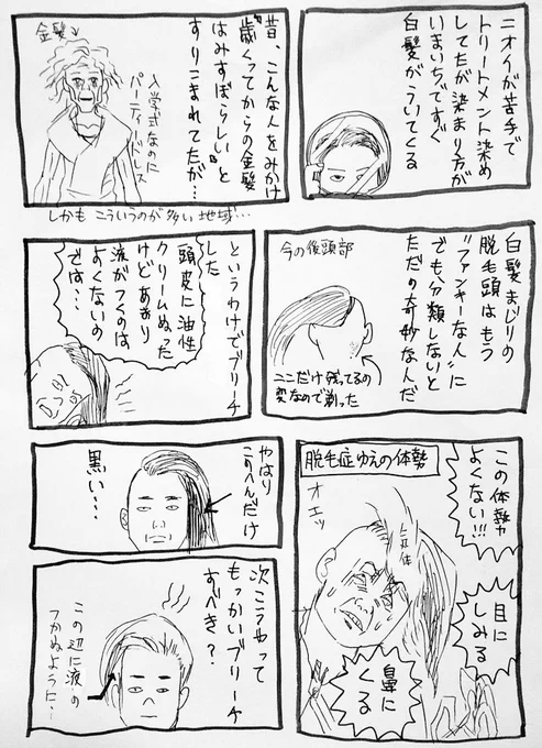 脱毛症の毛染め(脱色だが)にこんな落とし穴があろうとは!
この頃カラフルな頭の若者が多いけどみんな大変なんやなー
頭皮はあっしほど気にする必要なくても😅 