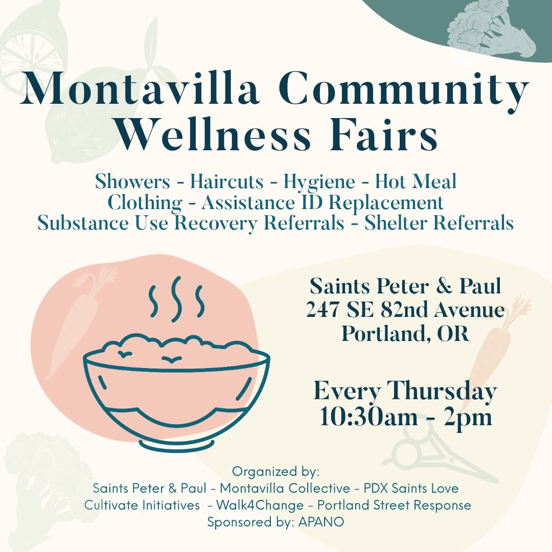 cultivatePDX's tweet photo. Every Thursday at St. Peter &amp; Paul Church on 82nd, you can find a hot meal, a free shower, referrals for shelter &amp; recovery, and more. If you have a skill or a resource you’d like to share with the community, reach out!
#forandwith #montavilla #communitybuilding https://t.co/YlXwSlalyj