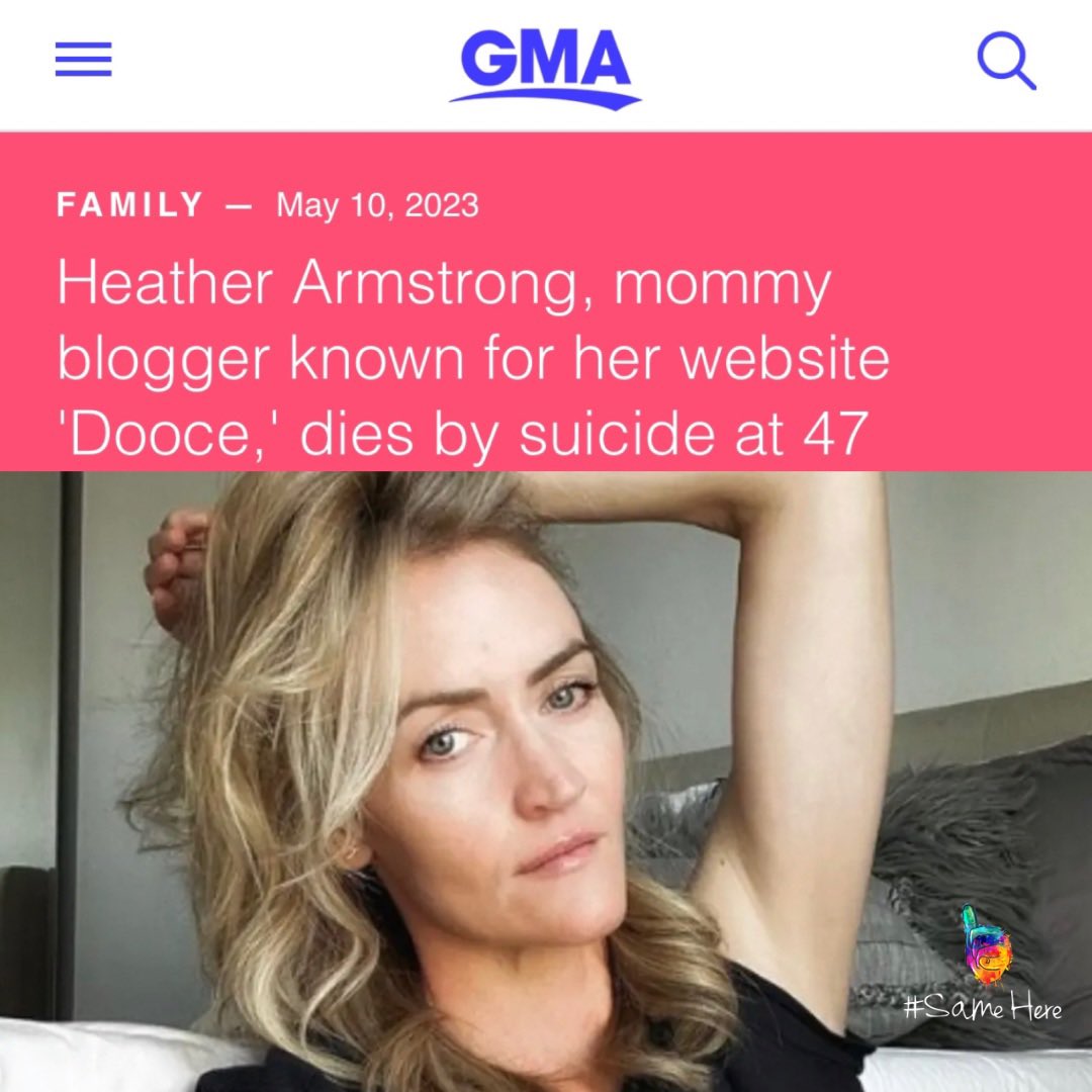 SameHere_Global's tweet photo. Heather Armstrong: mommy blogger. Lance Blanks: NBA GM. One white, one black. One female, one male. One appealed to moms, one to sports fans. Both taken by suicide, same wk. We don’t just have an athlete or musician suicide crisis. We have a societal one https://t.co/nPnmA9749O https://t.co/AGiLwJG34u