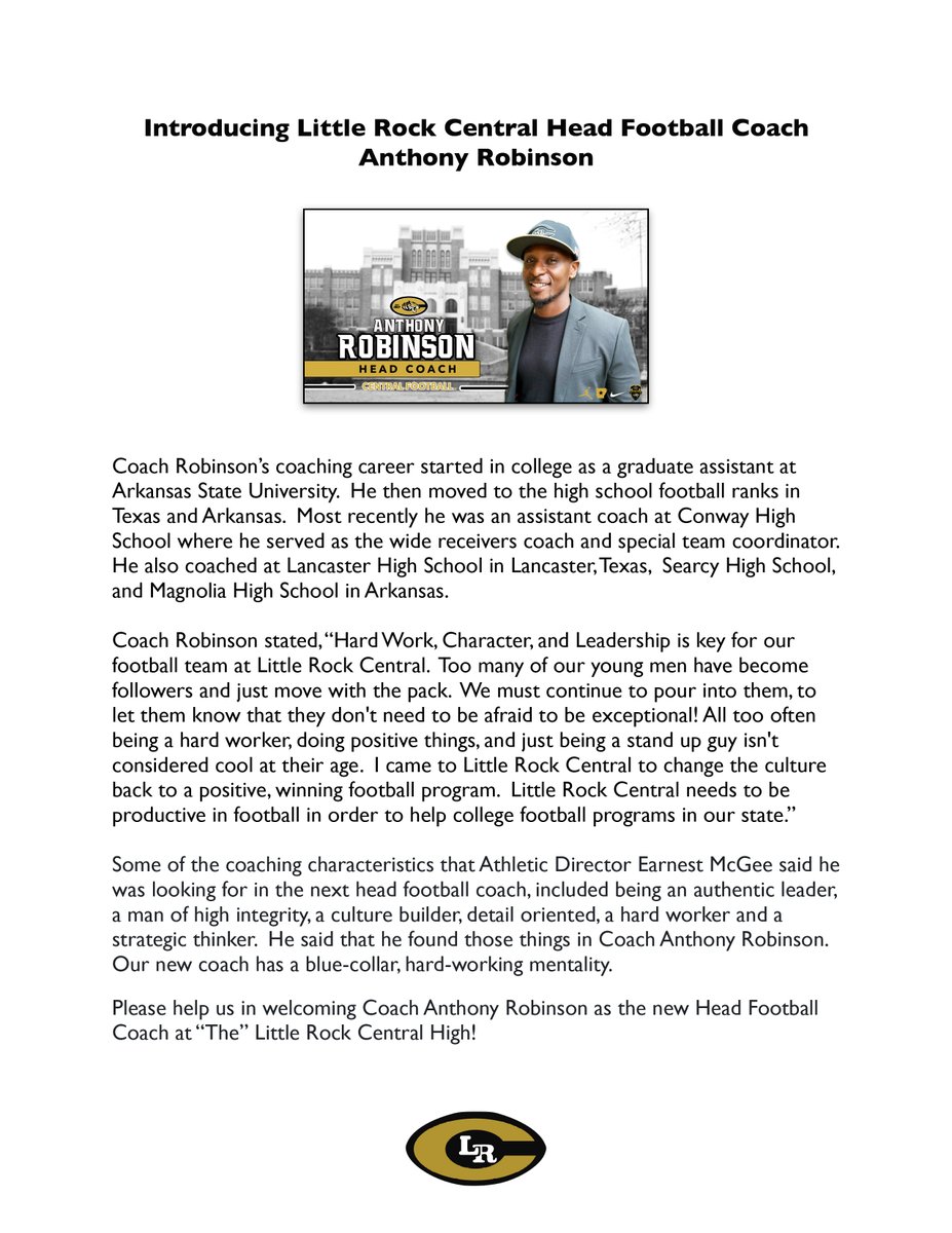 Tommy Walker (@oldwarrior_61) on Twitter photo Please help me welcome <a href="/lrtigerfootball/">Central Football</a> new Head Football Coach Anthony Robinson. Go Little Rock Central Tigers!
<a href="/sully7777/">Steve Sullivan</a>
@thv11
<a href="/HOGZONE/">THV11 HogZone</a>
<a href="/1037TheBuzz/">103.7 The Buzz</a> Please help me welcome <a href="/lrtigerfootball/">Central Football</a> new Head Football Coach Anthony Robinson. Go Little Rock Central Tigers!
<a href="/sully7777/">Steve Sullivan</a>
@thv11
<a href="/HOGZONE/">THV11 HogZone</a>
<a href="/1037TheBuzz/">103.7 The Buzz</a>