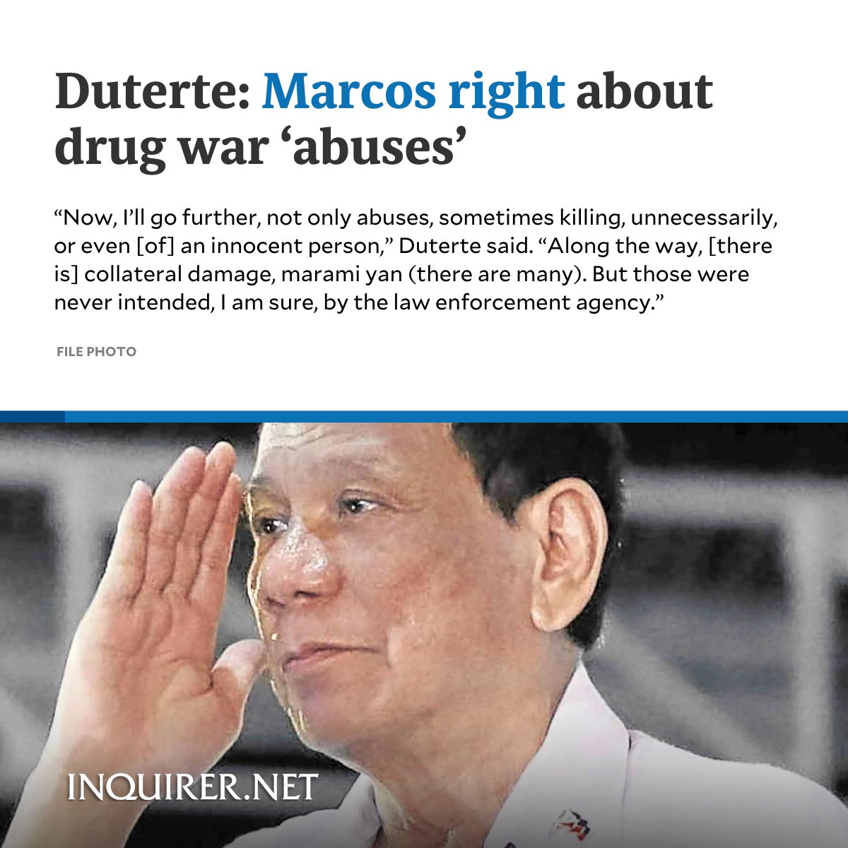 ‘ALONG THE WAY, THERE IS COLLATERAL DAMAGE’

Ex-President Rodrigo Duterte affirmed the observations of President Marcos that abuses were committed in the course of the former’s antidrug campaign.

READ: inq.news/duterte-abuses