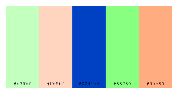 ColPaletteBot's tweet image. Beep beep, here&apos;s a pretty color palette for you! 

color-scheme.js parameters used: 
- hue: 26
- variation: default
- colors: #c3ffbf, #ffd5bf, #0041c4, #88ff80, #ffac80

Have a lovely evening!

#twitterbot #colorpalette #colors #palette #prettycolors