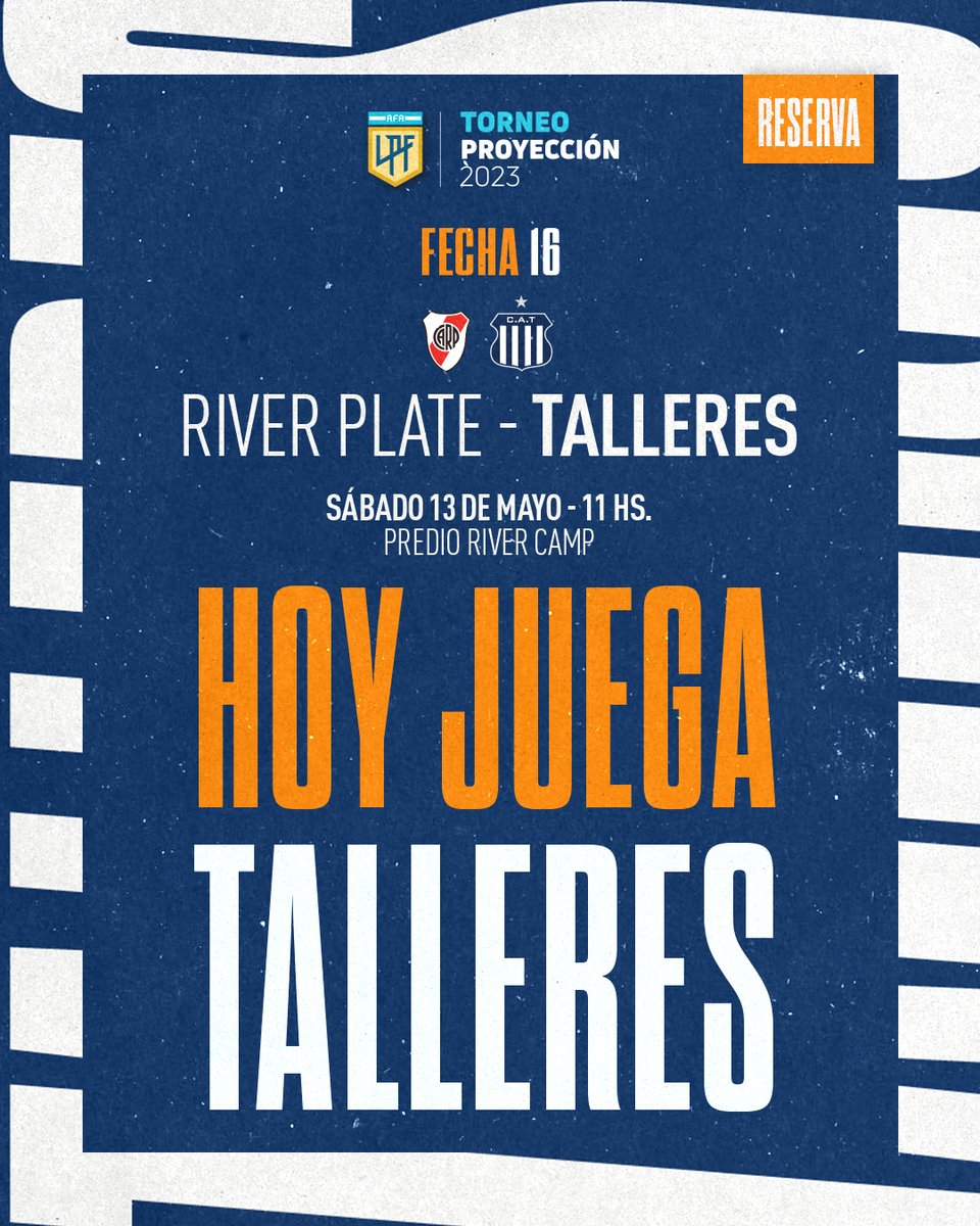 💙 #HoyJuegaReservaTalleres

🆚 <a href="/RiverPlate/">River Plate</a> 
🏟️ River Camp
⌚ 11:00hs

🔵⚪ #VamosTalleres #TorneoProyección2023