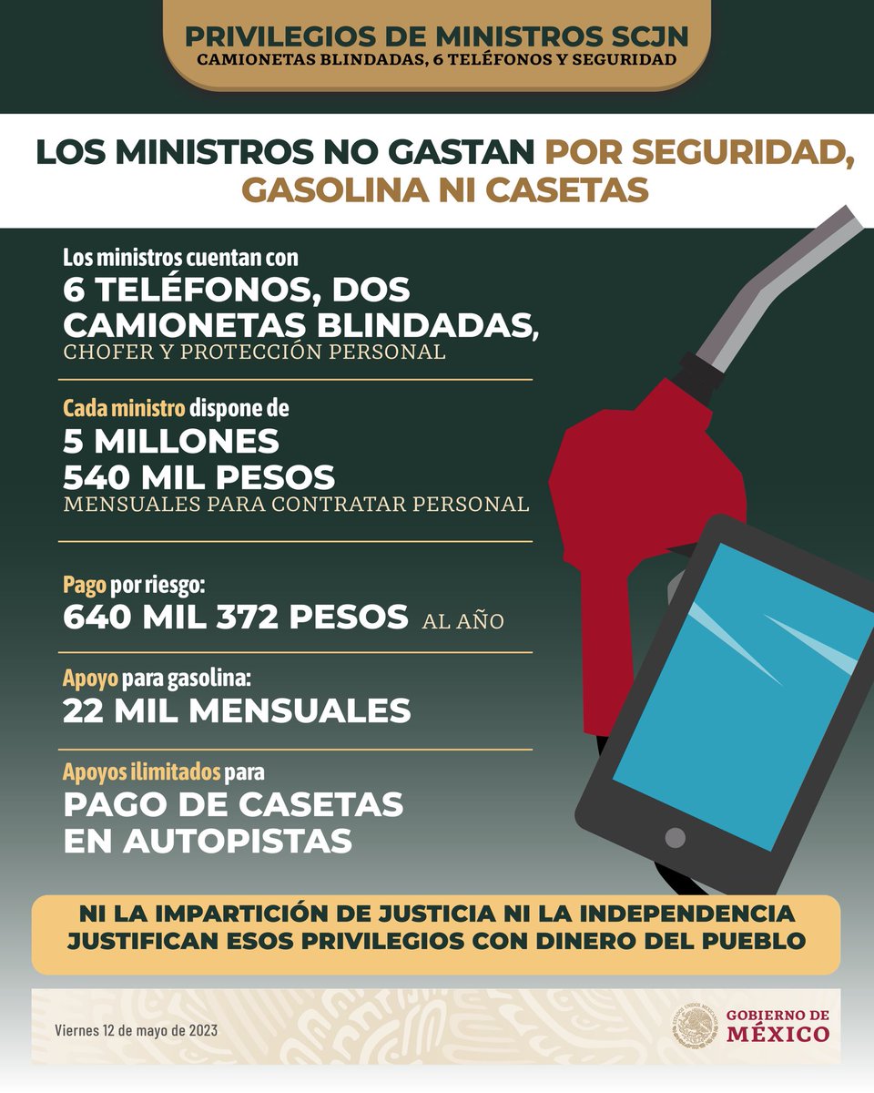 Otro de los privilegios que gozan las y los ministros de la SCJN es el ahorro en gasolina, casetas y seguridad.

No escatiman en gastos para la compra de camionetas blindadas, contratación de choferes y personal privado.
