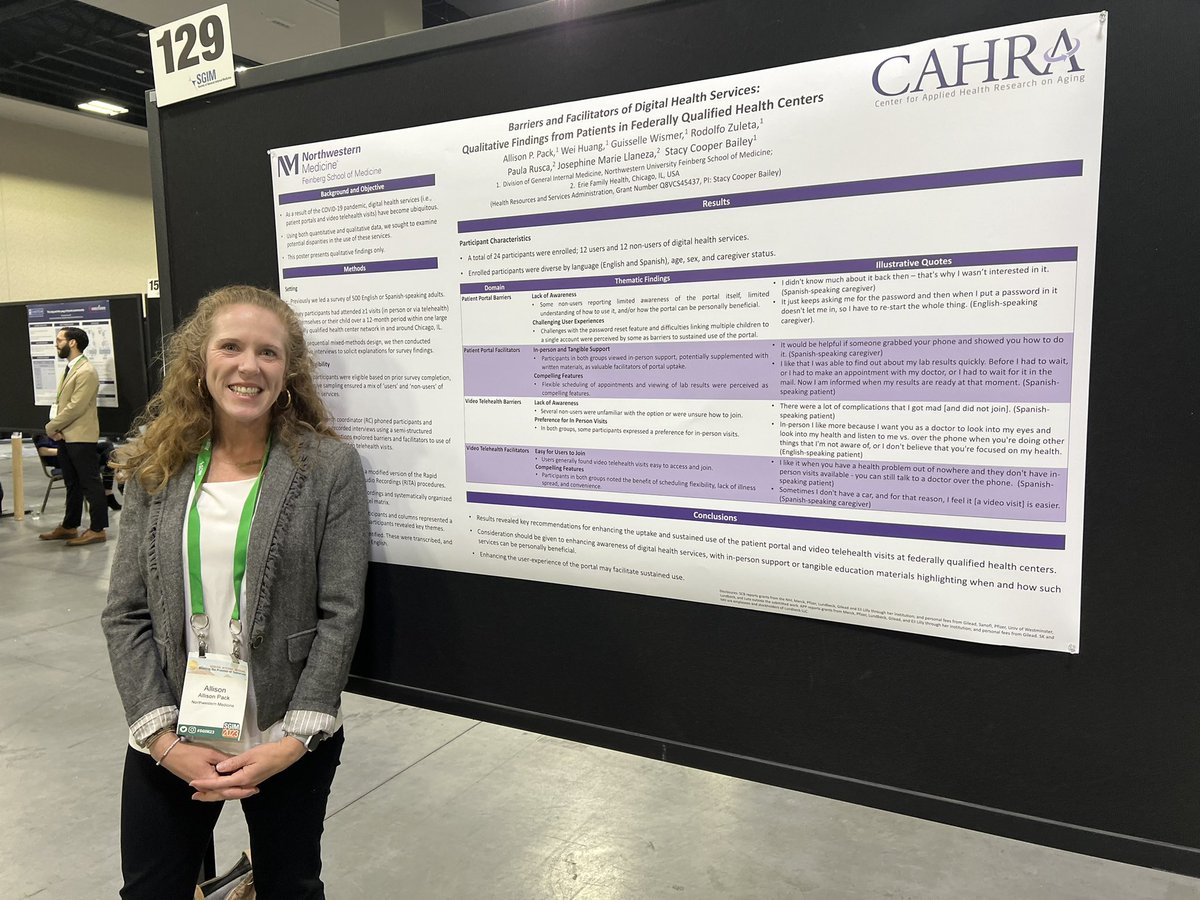 jeffreylinder's tweet image. Poster from @_AllisonPack @NUCAHRA @NUFeinbergMed about patients’ barriers and facilitators to using digital health services at FQHCs. 

Recommendations for increasing patient portal and video telehealth. 

#SGIM23