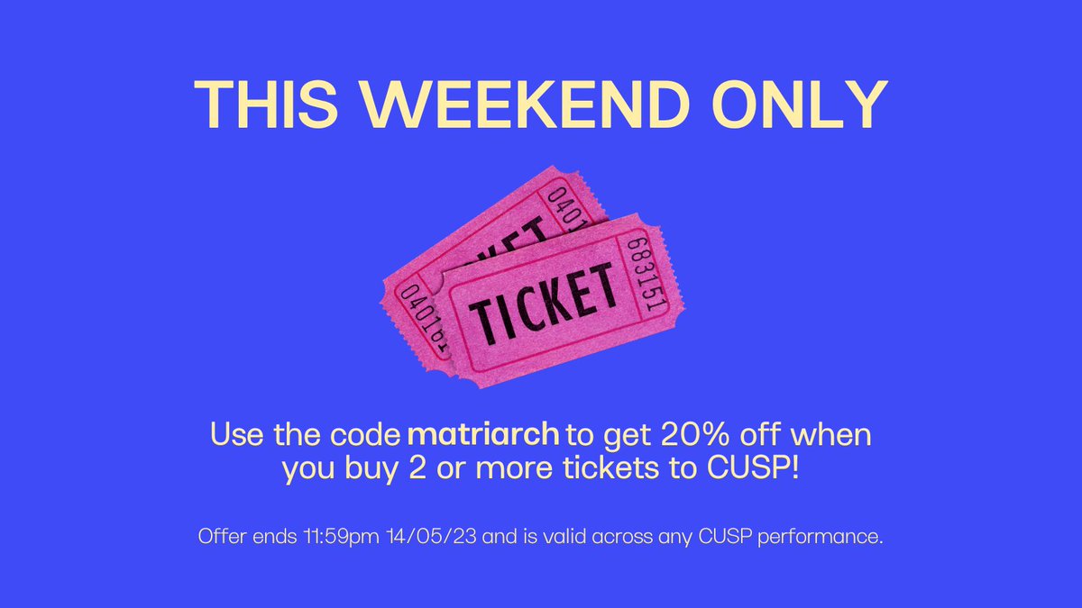Spoil your mother figure this weekend with the gift of live theatre. For today and tomorrow only when you buy 2 or more tickets to CUSP 2023 receive 20% off with the code 'matriarch'. 

Offer ends 11:59pm 14/05/23. 

Buy now: bit.ly/ATYP_CUSP
