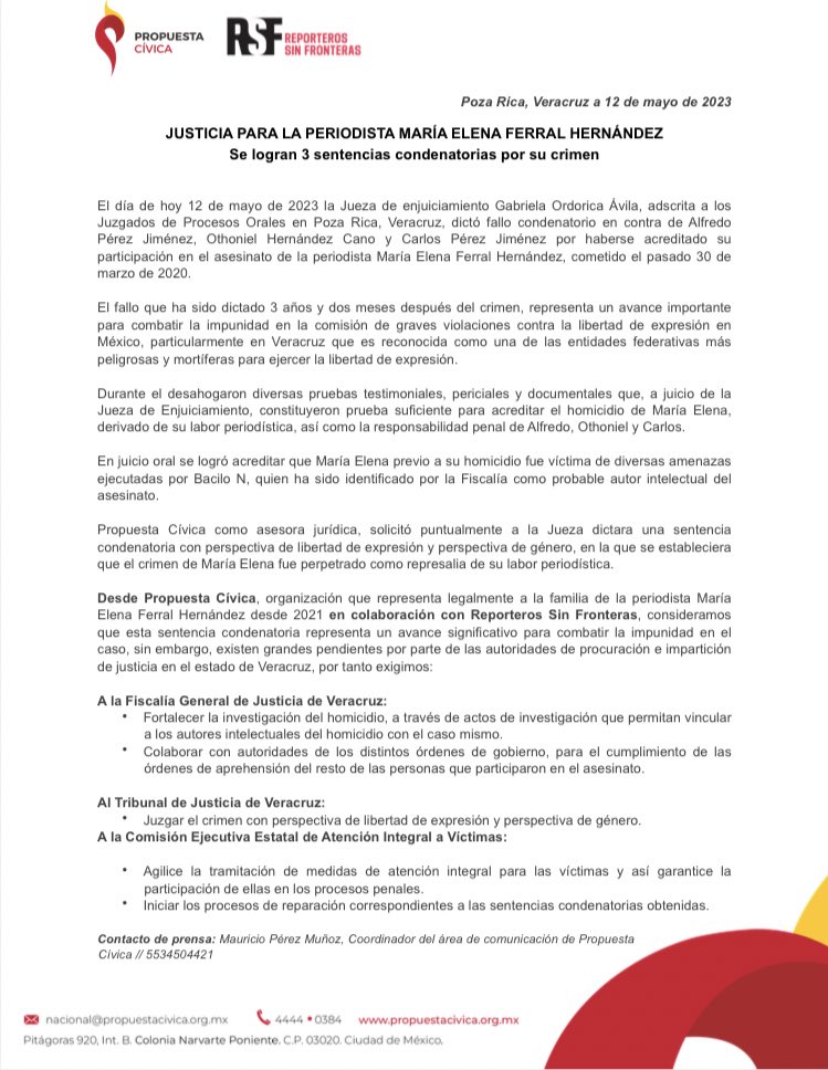 #ÚltimaHora 🚨¡Buenas noticias! 

Jueza dicta 3 sentencias condenatorias en contra de 3 participantes en el asesinato de la periodista María Elena Ferral. Lee el posicionamiento completo de <a href="/RSF_ES/">RSF España</a> y Propuesta Cívica.👇🏽

bit.ly/3MmhTHJ