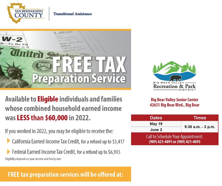 The tax deadline for @SBCounty was pushed back to October. If you haven't filed yet, take advantage of free tax preparation service offered to eligible individuals at Big Bear Valley Senior Center on May 19 & June 2nd. Schedule your appointment at (909) 421-4091 or (909)421-4093.
