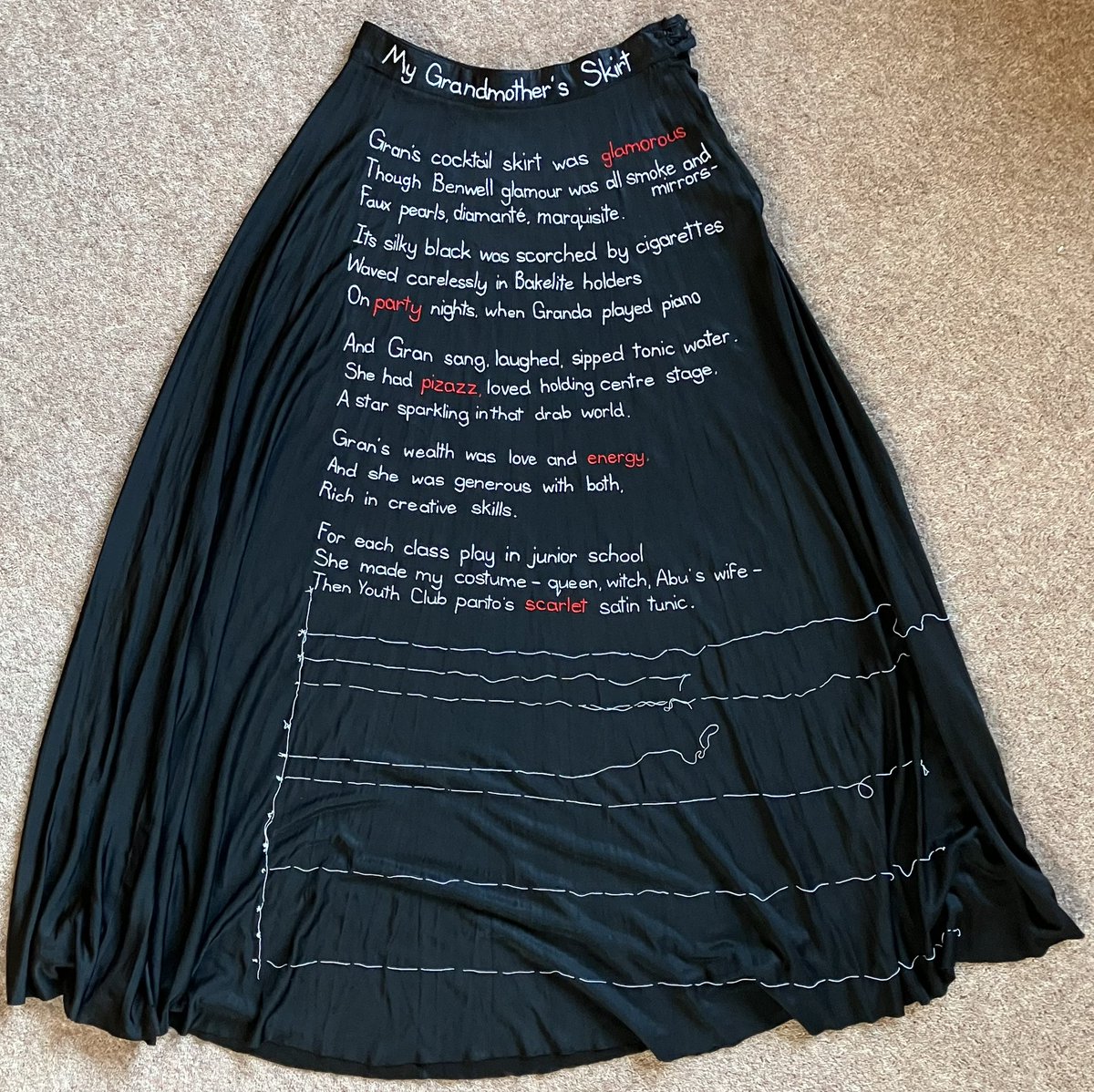 Stanza five (of nine) is stitched, with the focus now on my Gran’s formidable dress-making skills. I think she loved creating my costumes as much as I loved performing in them. I still have the scarlet satin Principal Boy’s tunic I wore in ‘Puss in Boots’.