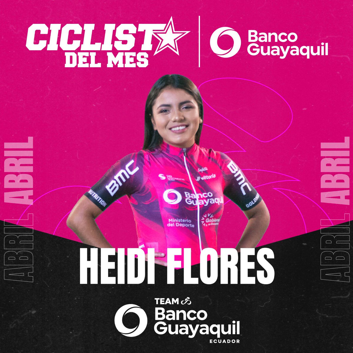 Nuestra ganadora de la votación  #ciclistadelmes 🚴🏻‍♀️presentado por @bancoguayaquil es nuestra querida  @floresheidi2213 🤩👏🏼.

Gracias a quienes participaron apoyando a su ciclista favorit@ 🫶🏽🚴🏻‍♀️🚴🏼

#TeamBancoGuayaquilEc
#ElEquipoDeTodosLosEcuatorianos
#SomosUnaSolaFamilia