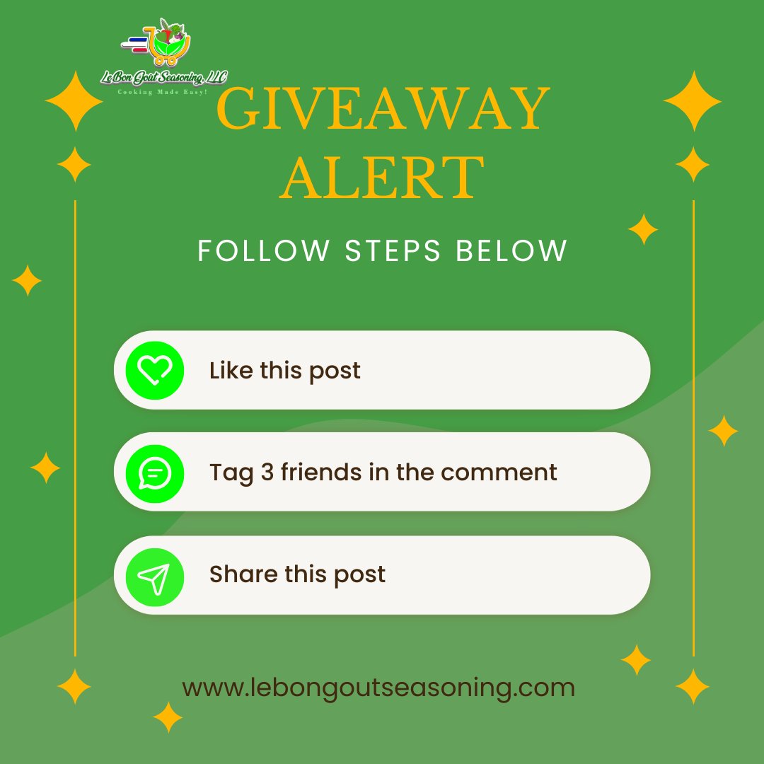 Get 20% OFF with FREE SHIPPING on Launch Day. Follow these 3 simple step . Winers will be announced on June 1st at 11:30 AM EST 
#SmallBusiness #WomenInBusiness #FemaleEntrepreneur  #WomenWhoWork #WomenOwnedBusiness #organicspices #lebongoutseasoning  #newyork #spiceupyourlife