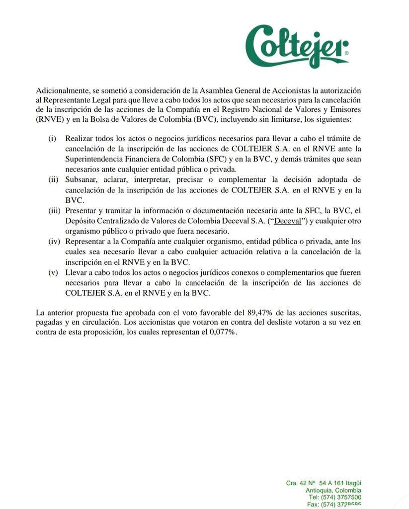 josejournaliste's tweet photo. Asamblea General de Accionistas de #Coltejer aprobaron la cancelación de la inscripción de las acciones en el #RNVE y @bvcColombia https://t.co/V6S3nCy8Ks