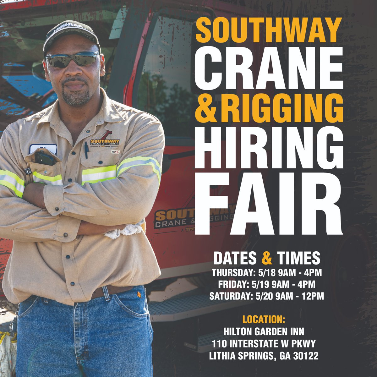 _TNTCrane's tweet photo. Southway Crane and Rigging is hiring!
We’re looking for multiple positions including crane operators, riggers, mechanics, truck drivers, and more. If you’re in the Atlanta area, stop by our hiring fair 5/18-5/20 to learn more! https://t.co/bItTTVp0bo