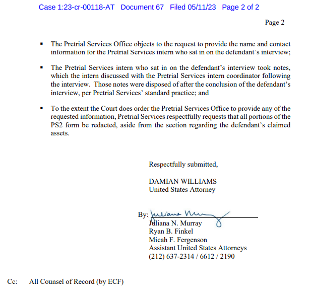 #王雁萍案 
5月4日法庭令，根据4月27日王雁萍律师致信法院请求，下令审前服务办公室提供3月15日审讯的一些信息
王会根据回应动议推翻审前拘留
政府对被告要求不持立场，联系审前服务5月11日做出回应：
1⃣3月15日王受审时她的律师在场
2⃣审前服务人员使用并在标准面谈表上做笔记，未使用其他表格 1/2 👇