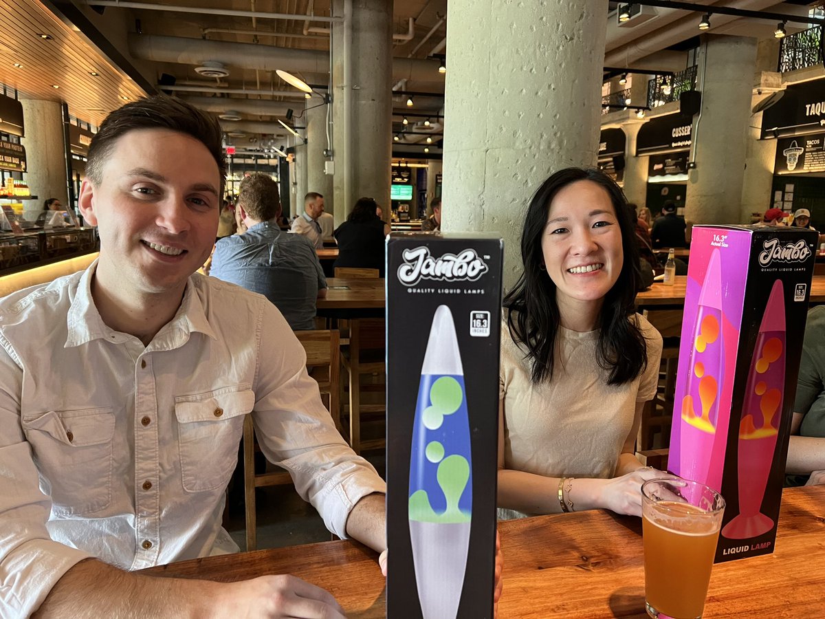 Celebrating our most excellent @EMRES_MGHBWH graduates Drs. Ebersole and Yeung. They will be moving on to tox fellowship in Atlanta (Ebersole) and UCSD (Yeung). Our division send off with lava lamps! We will miss you.