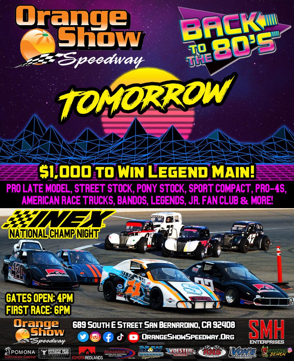 Don't miss our last race before our Summer break #Backtothe80s Night TOMORROW! 

Gates: 4pm - First Race: 6pm
Get Tickets NOW: bit.ly/3ATBNTY 

#orangeshowspeedway #sanbernardino #route66 #nascar #socal #motorsports #racing #localracing #shorttrack #speedway #80sNight