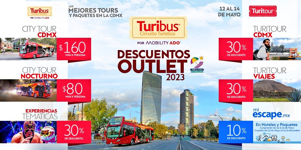 NexosTuristicos's tweet photo. No te pierdas de las grandes ofertas y descuentos que @turibus y @miescapemx tienen para ti en el #OutletViajayVuela @ViajayVuela_MX, con tarifas completamente #Outlet, el cual se lleva a cabo del viernes 12 al domingo 14 de mayo en el @WTC_Mexico

@Turibuscdmx @victorcortescal @MOBILITYADO