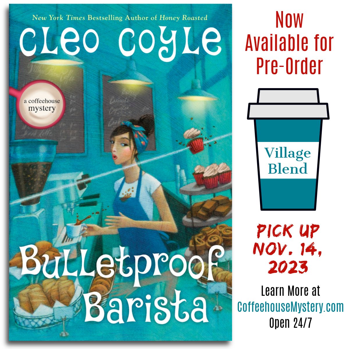 CleoCoyle's tweet photo. Join our Cover Reveal Celebration on FB at: https://t.co/OYBRICLQOu for our 20th Coffeehouse Mystery, BULLETPROOF BARISTA! Pre-order for Nov. 2023:
B&N: https://t.co/HYNnjUL3i2
AMAZON: https://t.co/mjFqyQFMeD
BOOKSHOP(dot)org: https://t.co/L7eMd14coo
+ More buy links: https://t.co/Bn8a6hWz1V

#CleoCoyle #NYC set #coffeelovers #mysteryseries #CoffeehouseMysteries #cozymysteries #baristalife #culinarymystery #cozymystery #barista #cozyreaders #berkleymystery #berkleypub #coffeehousemystery #penguinrandomhouse