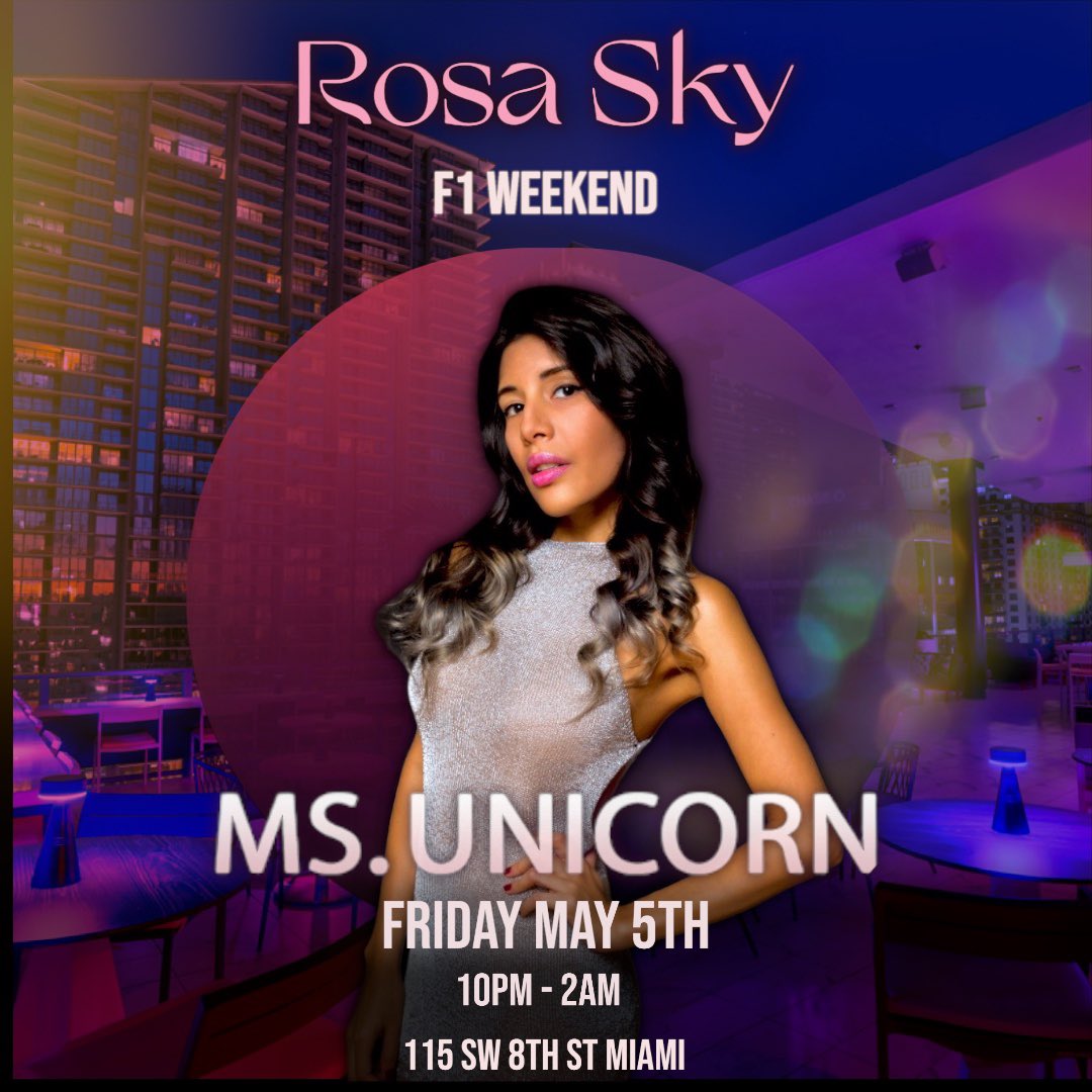 Excited to kick off F1 weekend this FRIDAY at Rosa Sky! Ladies get ready to dance the night away this May 5 from 10pm to 2am at the hottest rooftop in Miami 🦄🎶🏎 #msunicornmusic #rosasky #nightlife #miami #brickell #miaminightlife #dancemusic #Formula1 #housemusic  #rooftop