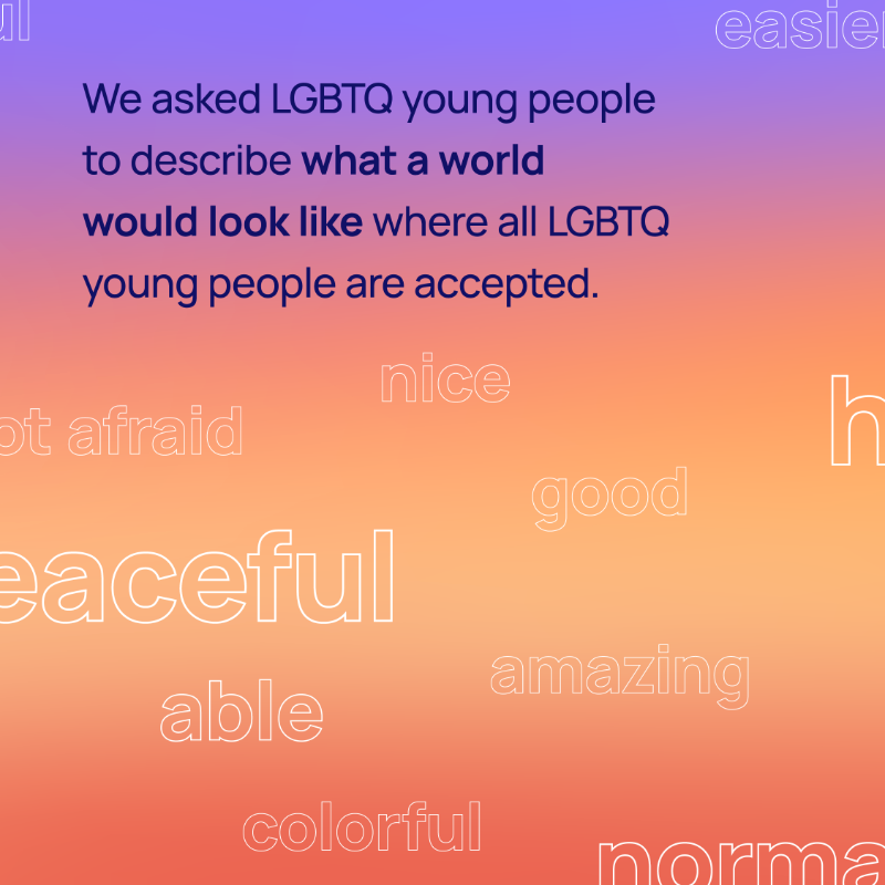 TrevorProject's tweet photo. This National Mental Health Awareness Month, we are committed to amplifying the voices and experiences of LGBTQ young people.

When we asked them to describe a world where they are accepted, they said “equal”, “colorful” and “kinder”.

Together, let's make this world a reality 🧡