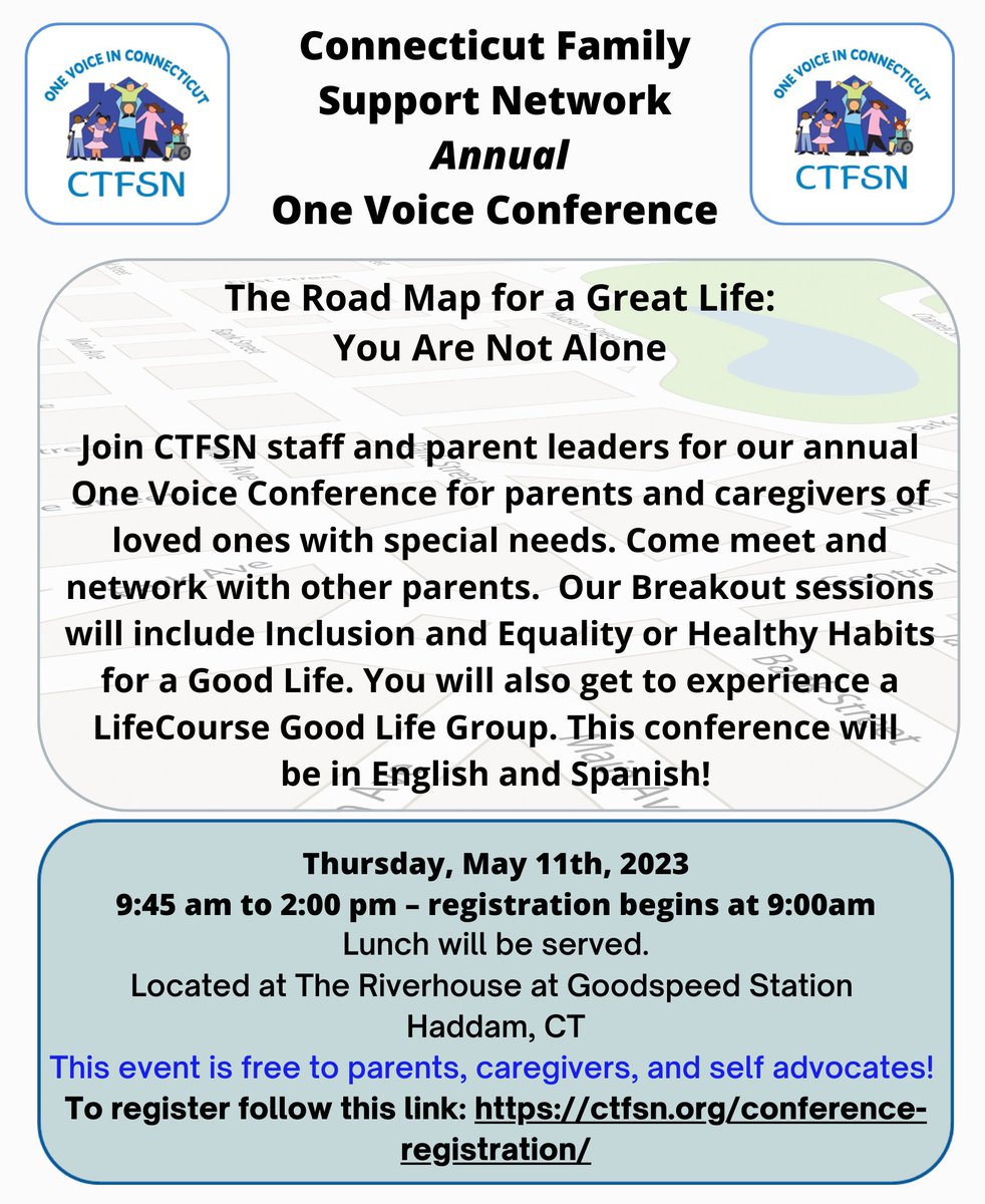 ctfsn's tweet photo. Registration is open!📷
Join CTFSN staff and parent leaders at our annual One Voice Conference - The Roadmap to a Great Life: You Are Not Alone, for parents and caregivers of loved ones with special needs. Come meet and network with other parents. https://t.co/0W6cHLEoxb https://t.co/3L6UQ0P9iP