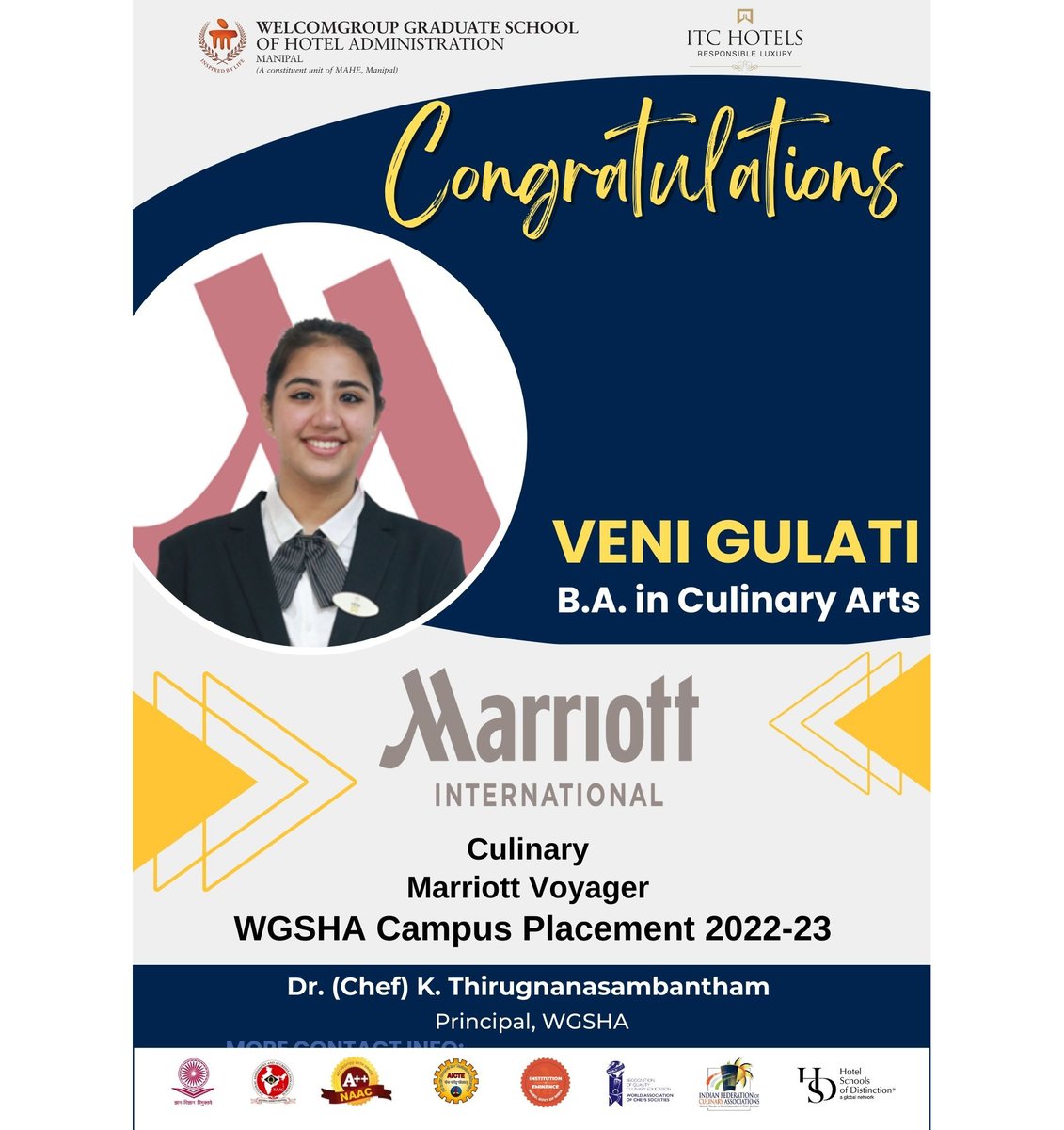 WManipal's tweet photo. #placement Congratulations Ms. Veni Gulati on her successful placement in WGSHA Placement Drive2023 for #Culinary at #marriottvoyager2023
@ThiruChef @MAHE_Manipal @ITCHotels @ITCCorpCom
#StudentsofWGSHA #hospitalityindustry #marriottinternational #MAHE #manipal https://t.co/vOumlCYic1
