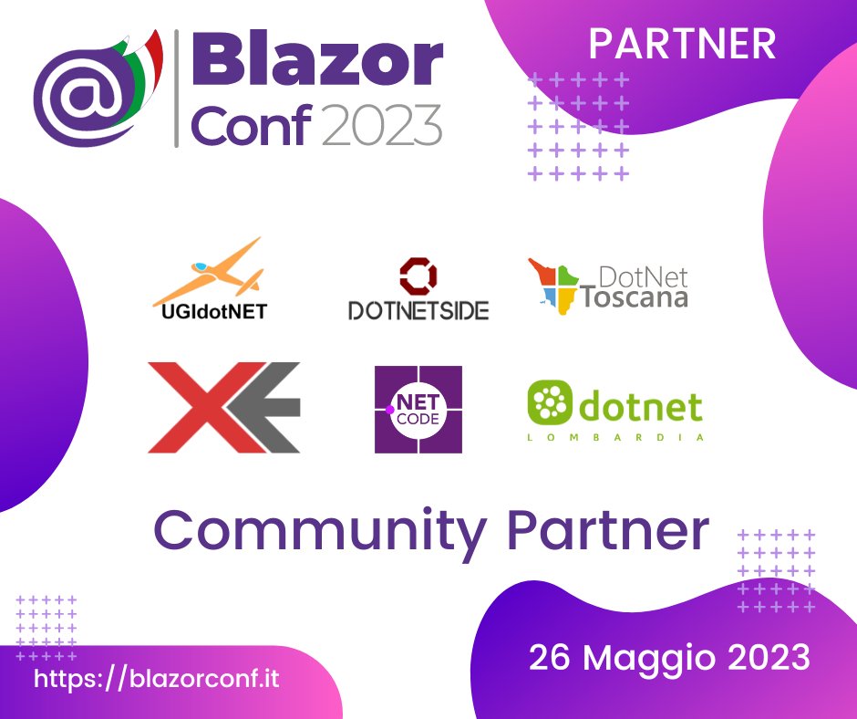 blazordevita's tweet image. Un grazie di cuore alle community partner che hanno voluto supportare la #BlazorConf2023: @ugidotnet, @DotNetSide, @DotNetToscana, @xedotnet, @DotNetCodeIT, @DNLombardia. Iscriviti e partecipa al più importante evento italiano su #Blazor. Ti aspettiamo! t.ly/TXIF