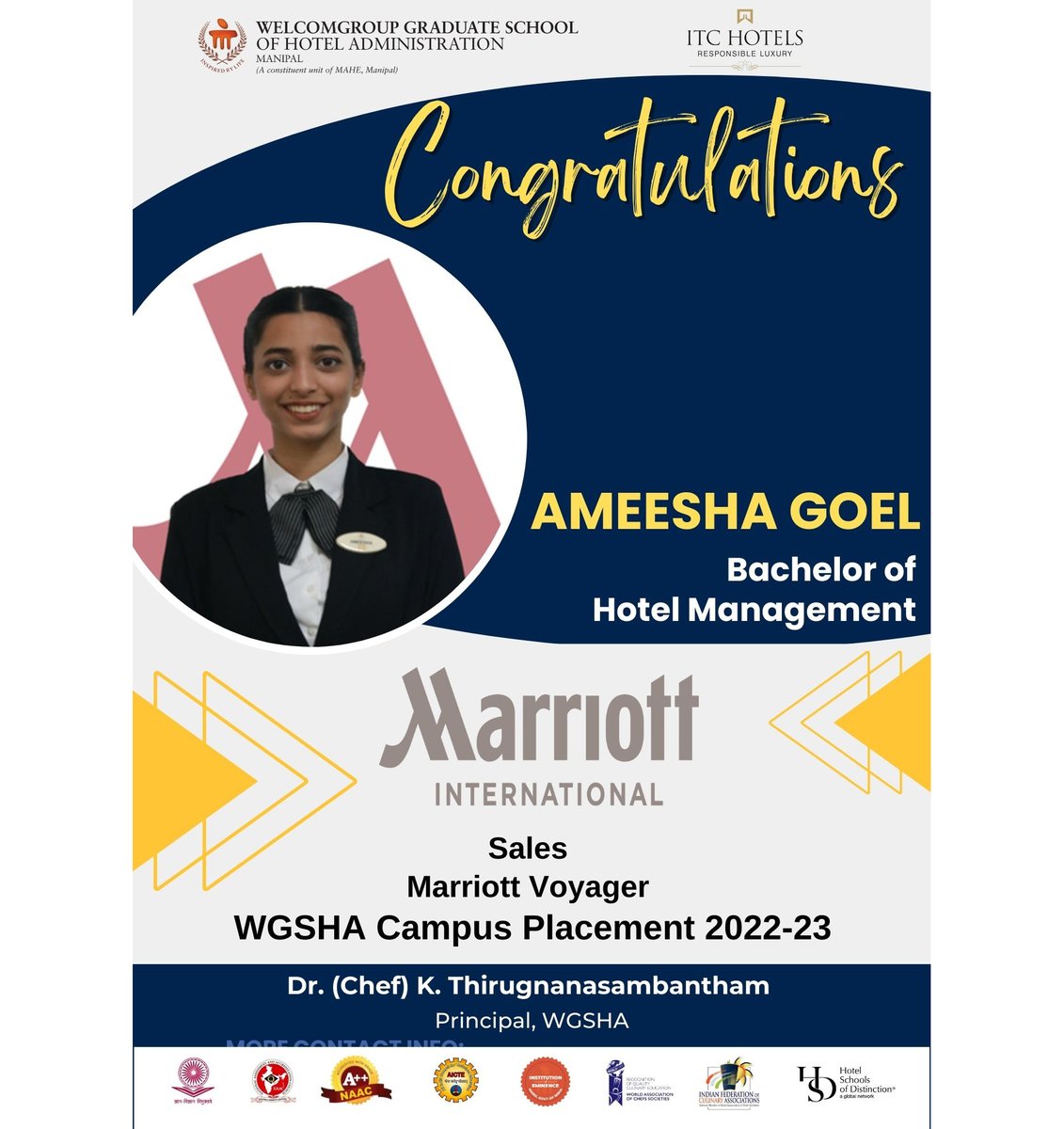 WManipal's tweet photo. #placement Congratulations Ms. Ms. Ameesha Goel on her successful placement in WGSHA Placement Drive2023 for #Sales at #marriottvoyager2023
@ThiruChef @MAHE_Manipal @ITCHotels @ITCCorpCom
#StudentsofWGSHA #hospitalityindustry #marriottinternational #MAHE #manipal https://t.co/7iVXXwQvwN