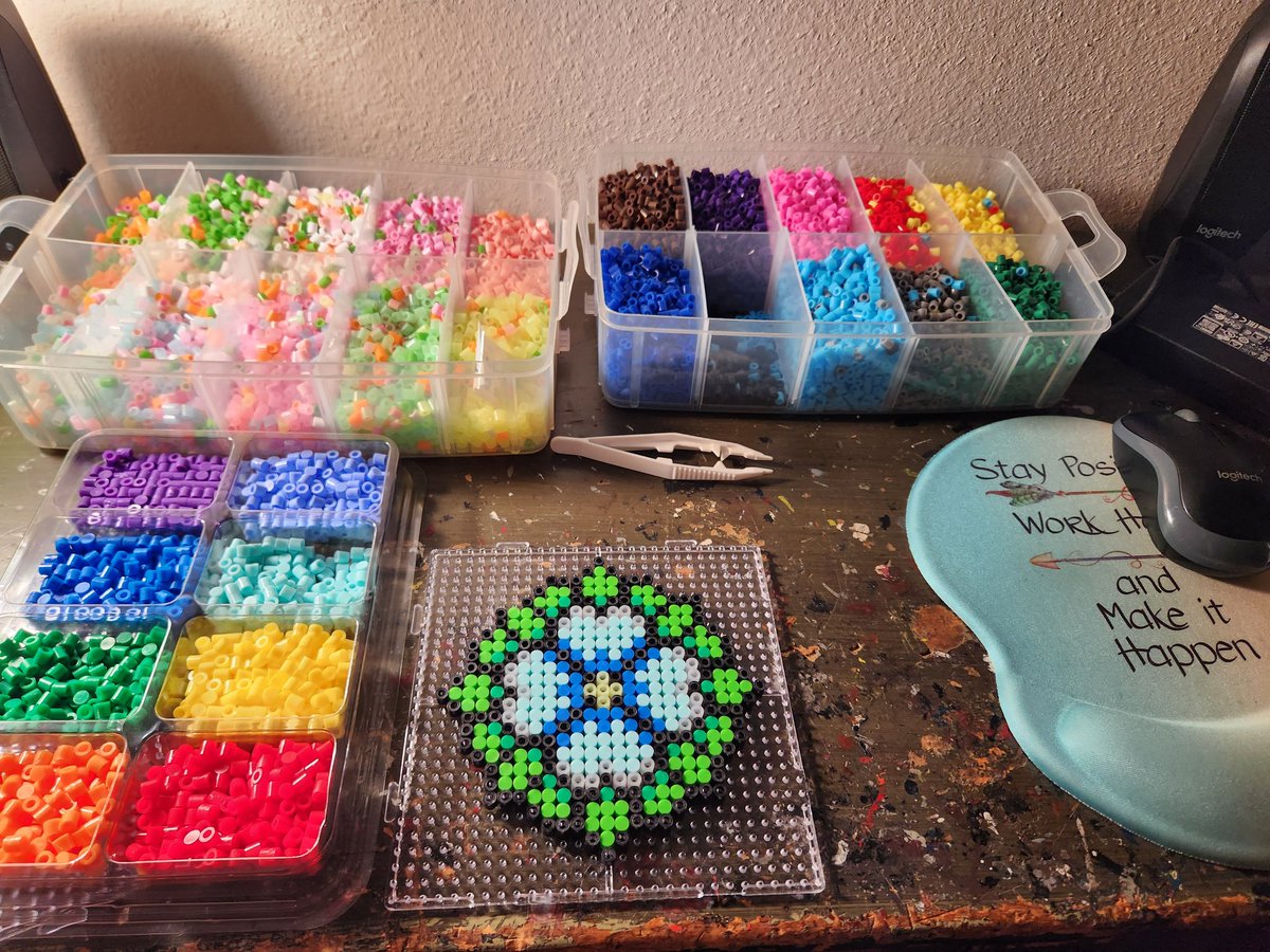 Working on my Flower Coaster XD . . . #flower #8bit #coasters #perlerbeads #DIY #crafty #handmade #blue #green