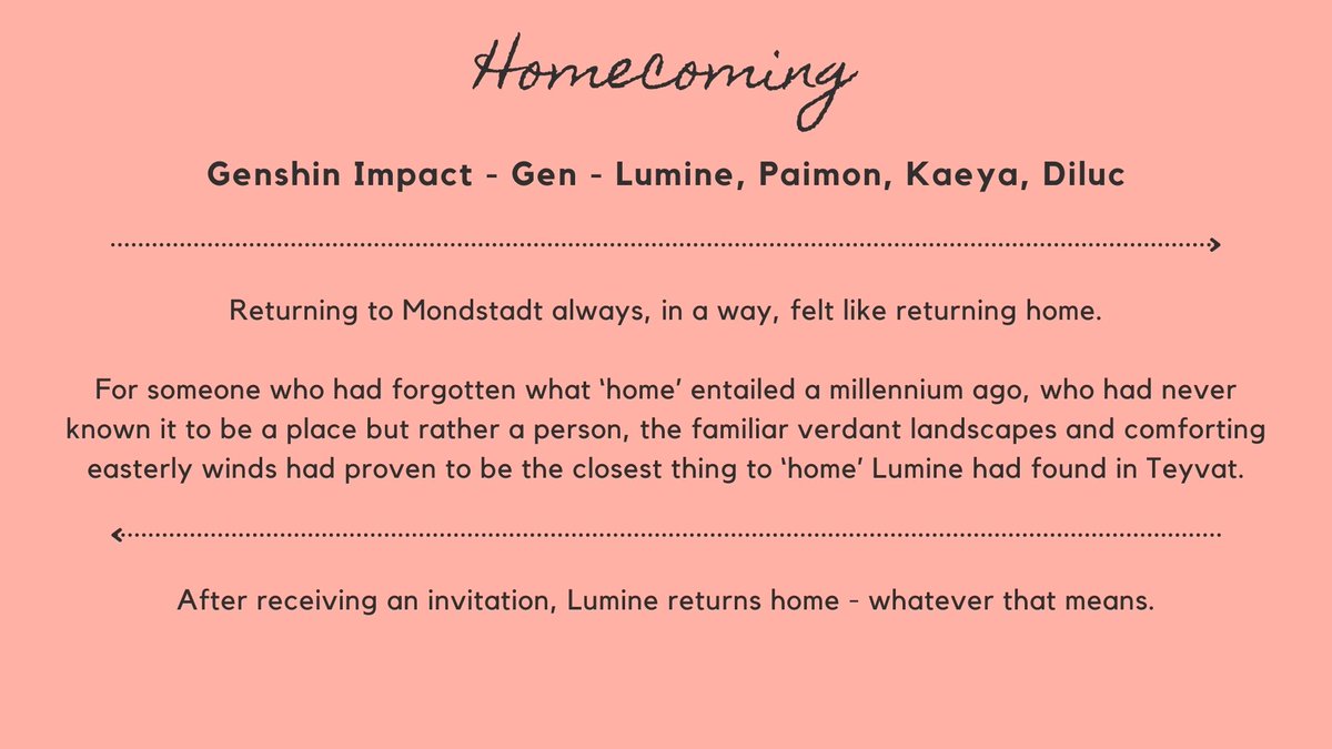 solrising_'s tweet photo. 📝 Homecoming [ #GenshinImpact #Lumine ]
After receiving an invitation, Lumine returns home - whatever that means.
—
Written for @exanimozine ! Link below ⬇️ https://t.co/s28l654Qoh
