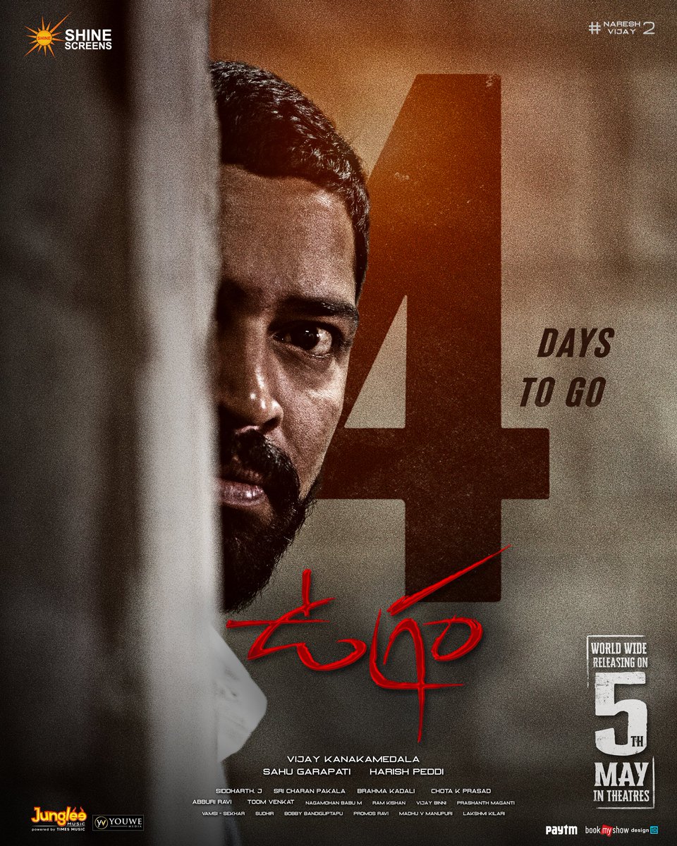 Shine_Screens's tweet photo. 4 Days to go for #Ugram 🔥

@allarinaresh will thrill you in cinemas from May 5th ❤️‍🔥

- https://t.co/yOTaz47P9x

#UgramOnMay5th 
@allarinaresh @mirnaaofficial @DirVijayK @sahugarapati7 @harish_peddi @SricharanPakala @jungleemusicSTH https://t.co/mkskC43GCL