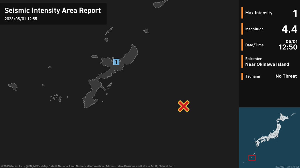Earthquake Detailed Report – 5/1
At around 12:50pm, an earthquake with a magnitude of 4.4 occurred near Okinawa Island at a depth of 10km. The maximum intensity was 1. There is no threat of a tsunami. #earthquake https://t.co/DxgagTcTqs