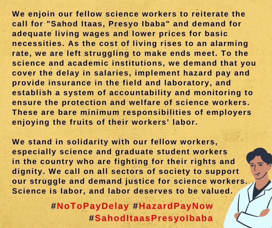 AghamNasyunal's tweet photo. This Labor Day, @STEMAllianceUPD and AGHAM join the ranks of our fellow Filipino workers in our struggle for better working conditions and equitable wages.

Read full statement: https://t.co/4qtxacizO3

#NoToPayDelay
#HazardPayNow
#SahodItaasPresyoIbaba https://t.co/uQ8Xl5F0Oz