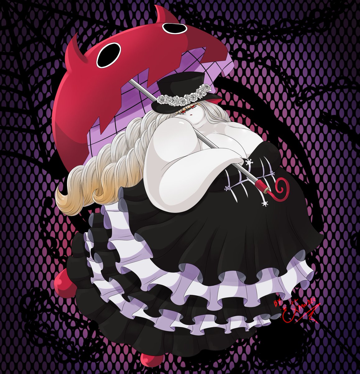 EExpander's tweet photo. We are back with Natacha (unintentionally) cosplaying goth characters that looks like her!

This time is Perona again, but in her post timeskip outfit!

Now that I think of it, their powers are kinda alike too.
Both based on ghost things and negativity/fear on victims. https://t.co/Nrot3tQdqX