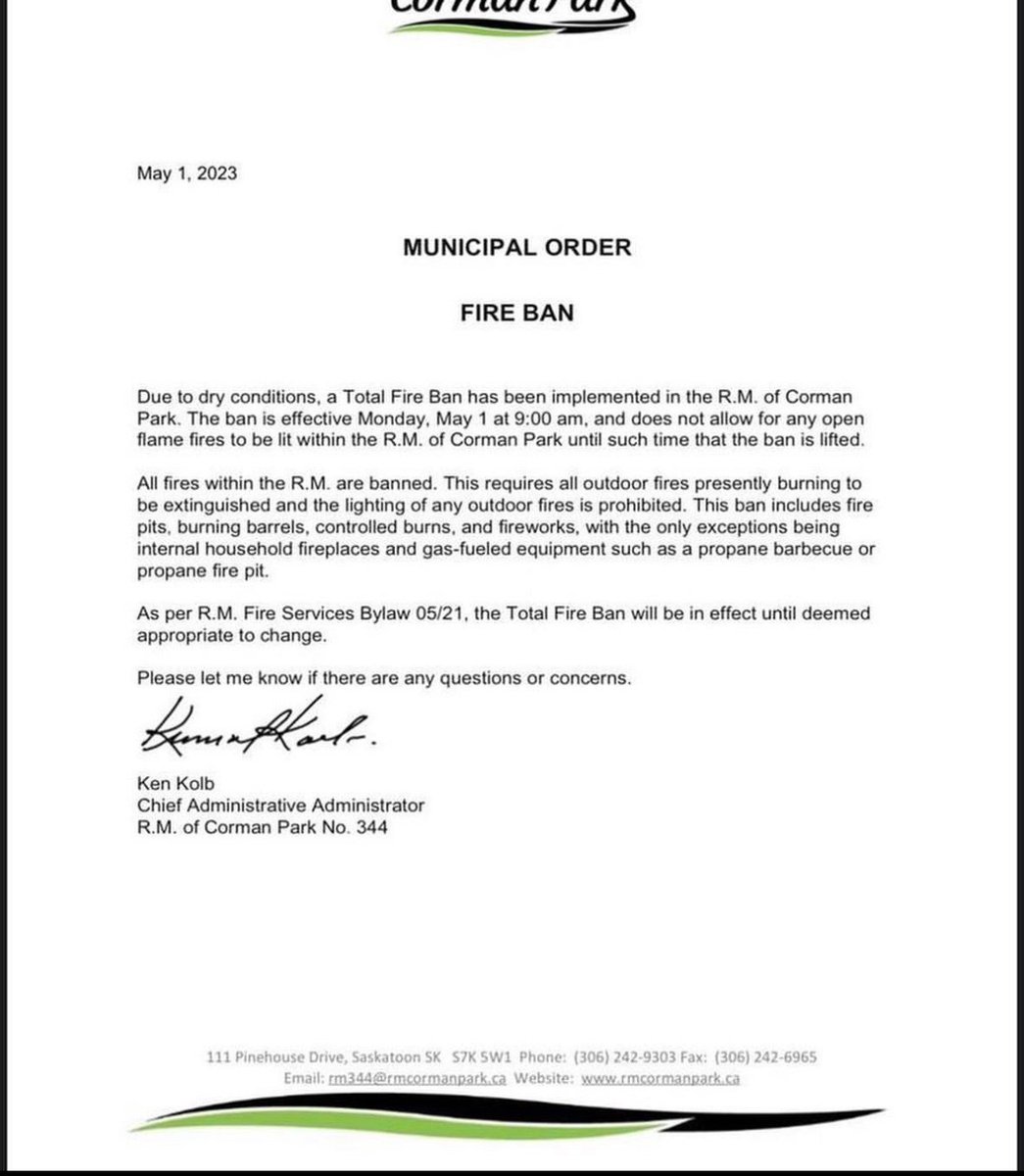 OslerFire's tweet photo. Total Fire Ban in effect for the RM of #cormanpark effective May 1st at 9:00 AM!
#osler #warman #martensville #dalmeny #langham 
@WarmanFire @DalmenyFire @MartensvilleSK @CityofWarman @CormanParkPoli2 https://t.co/27G1Fw092v