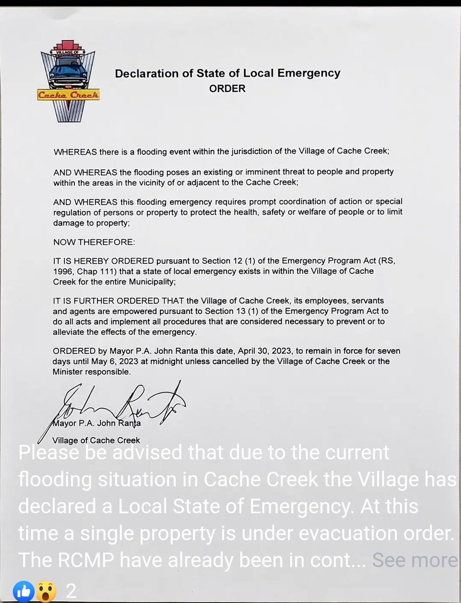 Kamscan's tweet image. #cachecreekbc state of local emergency #bcflood