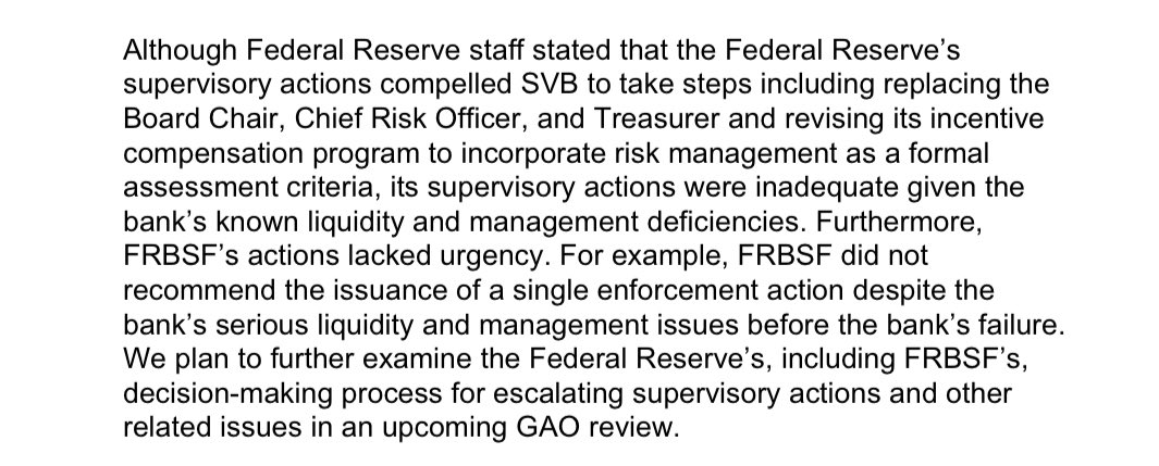 MarkCalabria's tweet photo. From GAO report on SVB failure…SF Fed did not, itself, recommend a single enforcement action #FedFailure https://t.co/AQZHGiMXha