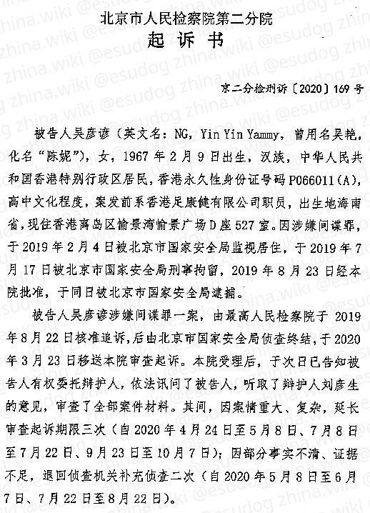 feilung_lau's tweet photo. 香港人 #Ng Yin Yin Yammy 因涉嫌所謂「間諜罪」被北京人民檢察院核准追訴起訴

#支納維基 https://t.co/EOFNbqp37R