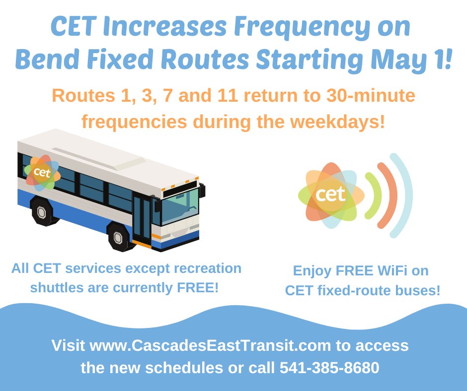 RideCET's tweet photo. CET returns to 30-minute frequencies for Bend Fixed Routes 1, 3, 7, and 11 during the weekdays starting May 1!  All CET services except recreation shuttles are currently FREE and you can also enjoy free WiFi on fixed-route buses! Visit https://t.co/ooRG6KOSr8 for schedule info. https://t.co/zj4dr0hvCq